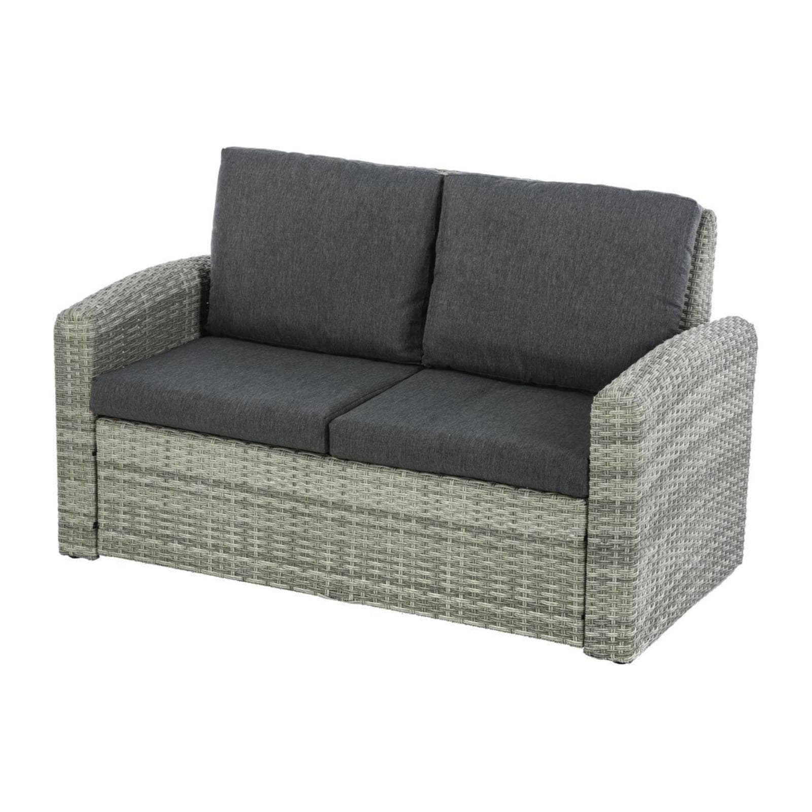 Set relax con divano 2 poltrone e tavolino in polyrattan grigio con cuscini - Zaltana