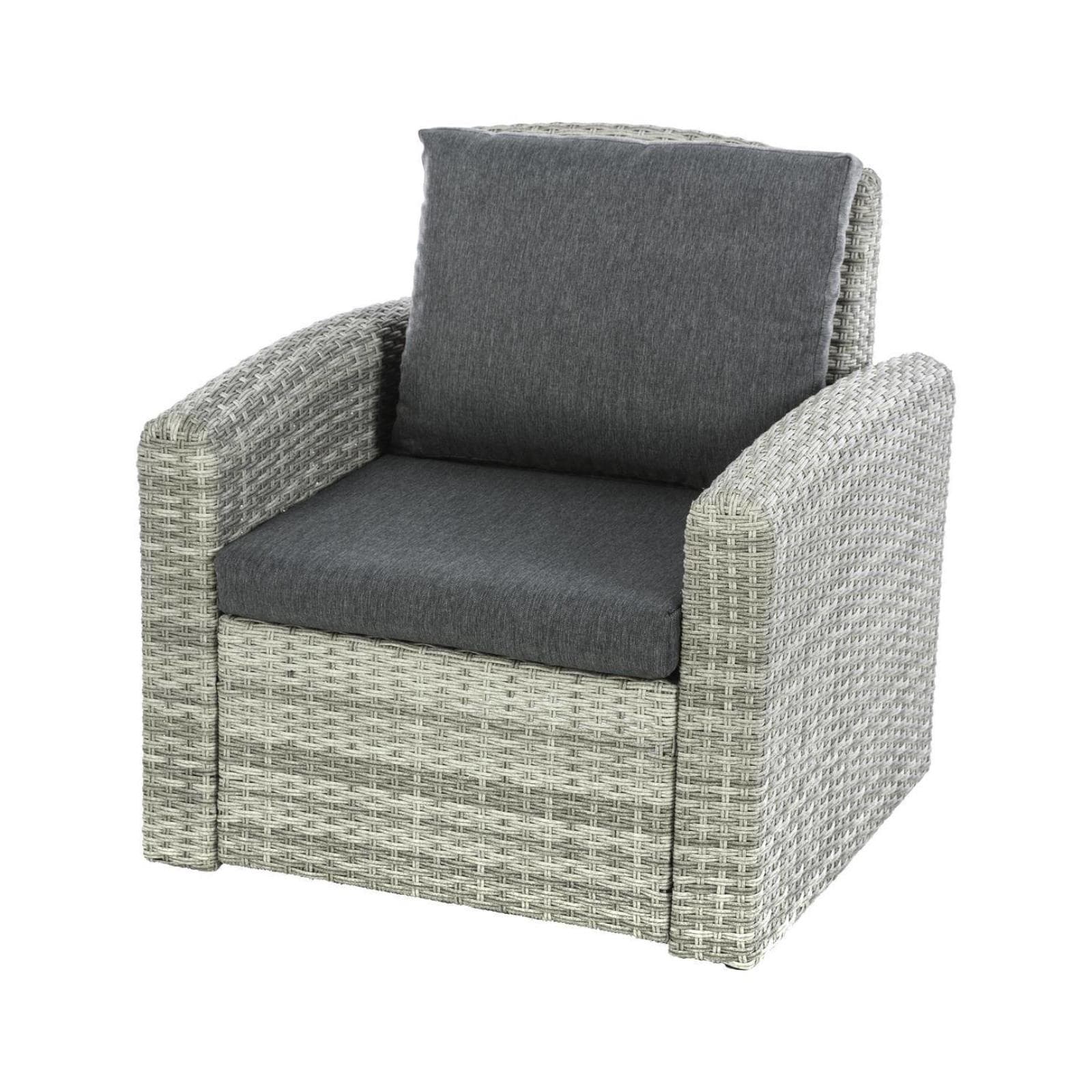 Set relax con divano 2 poltrone e tavolino in polyrattan grigio con cuscini - Zaltana