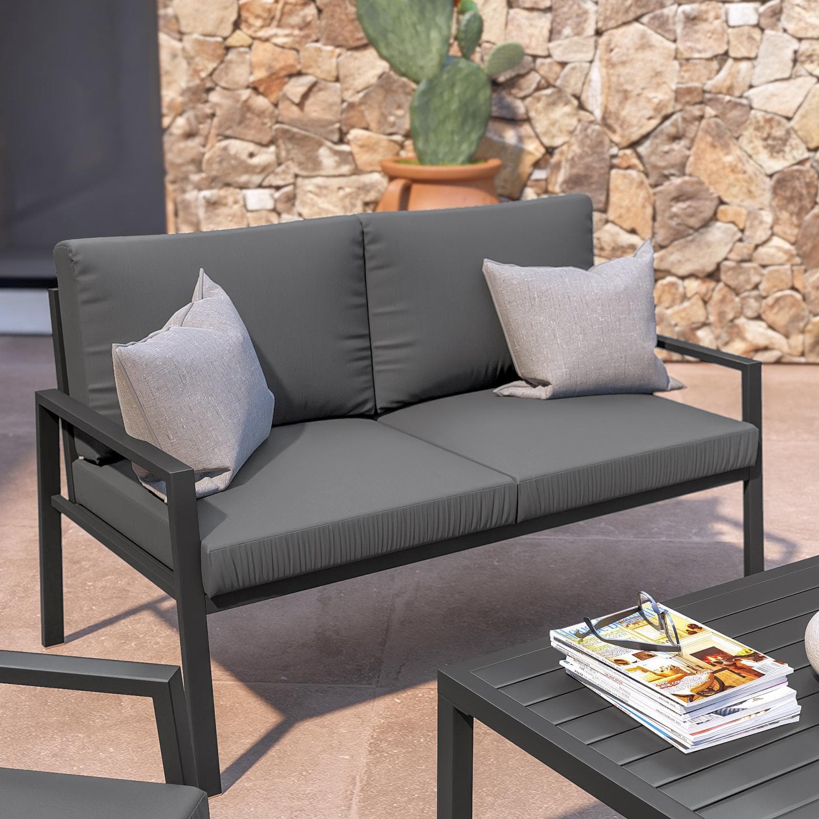 Set relax 4 posti in alluminio antracite con cuscini antracite - Carridi
