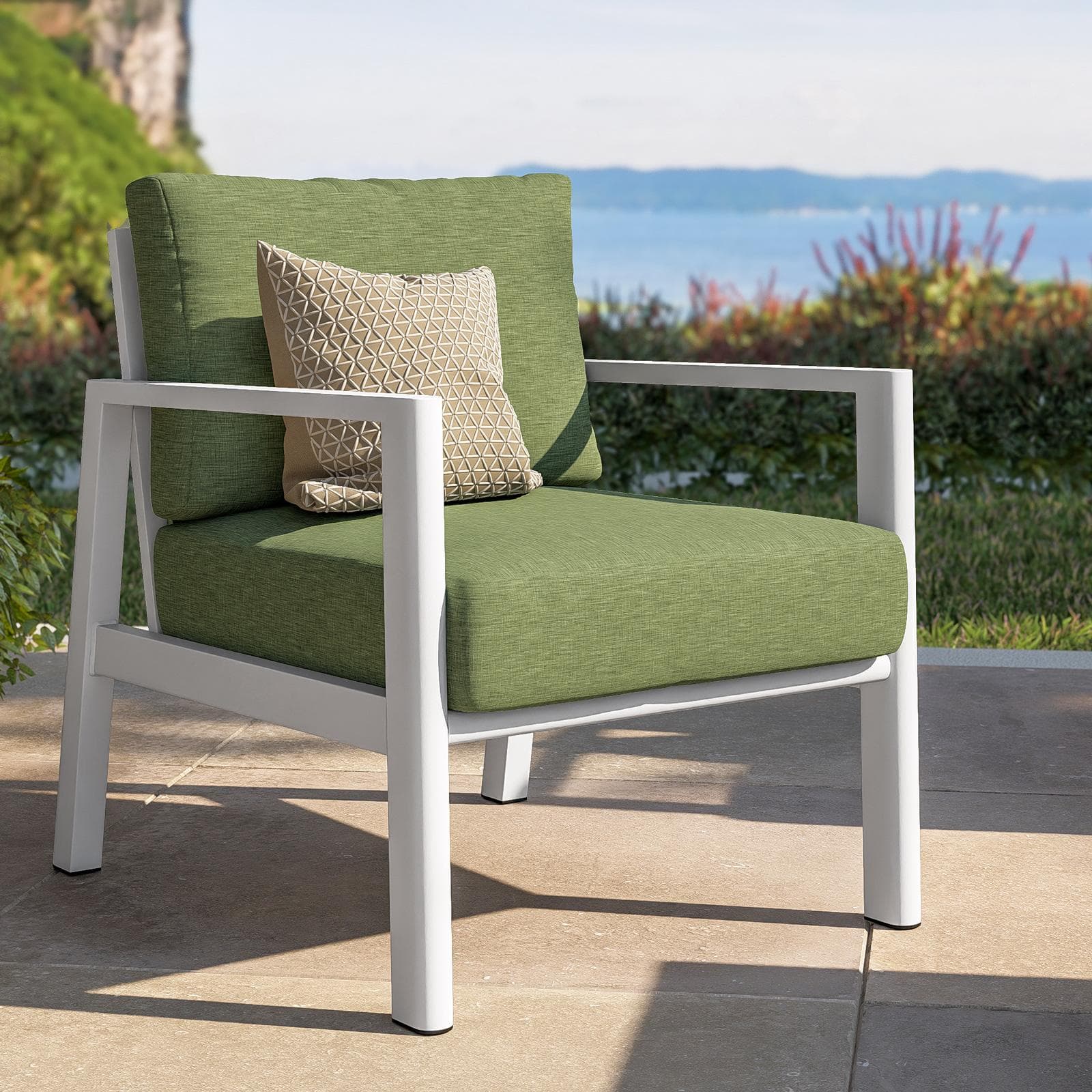Set relax 4 posti in alluminio bianco con schienale in corda intrecciata verde e cuscini - Berillo