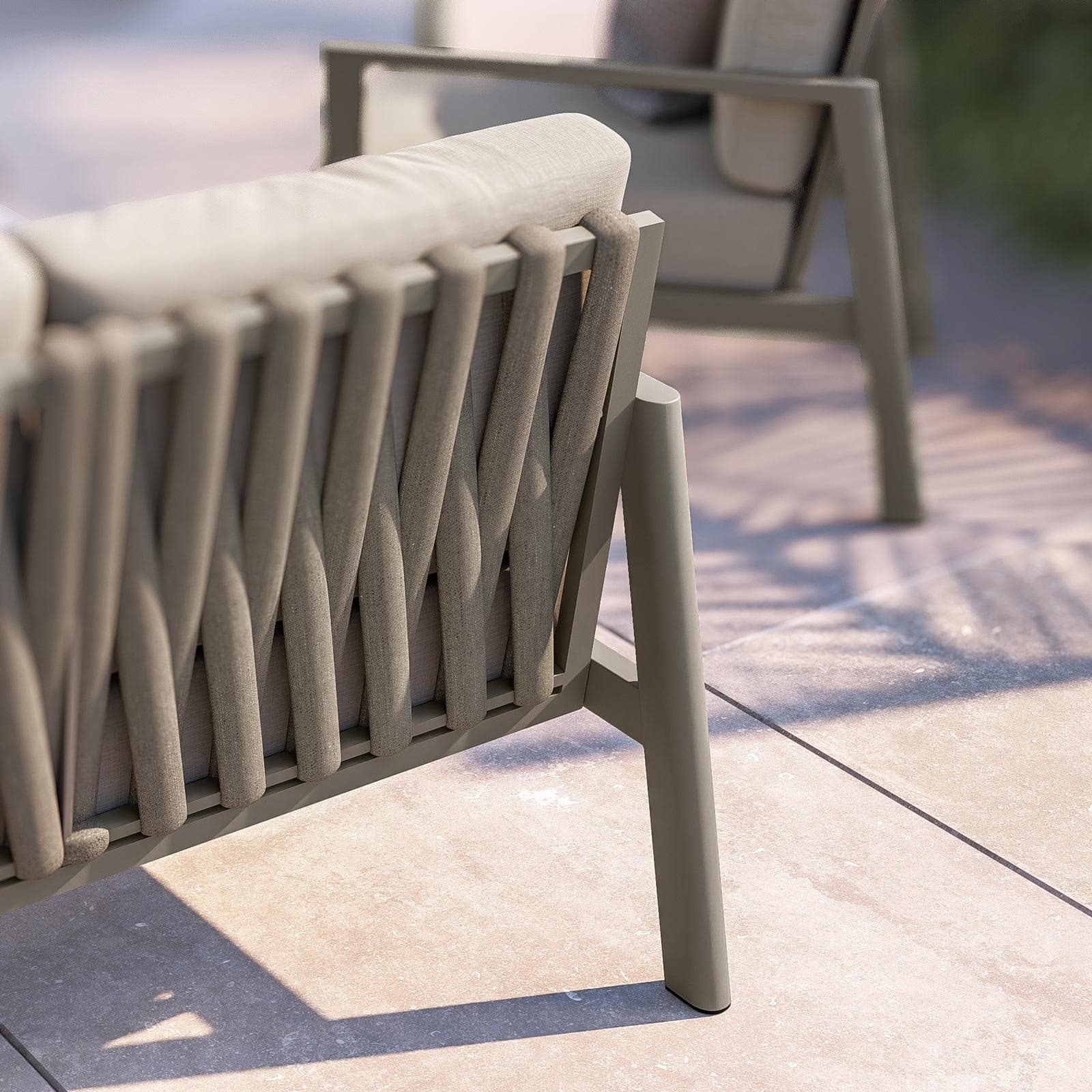 Set relax 4 posti in alluminio tortora con schienale in corda intrecciata beige e cuscini - Berillo