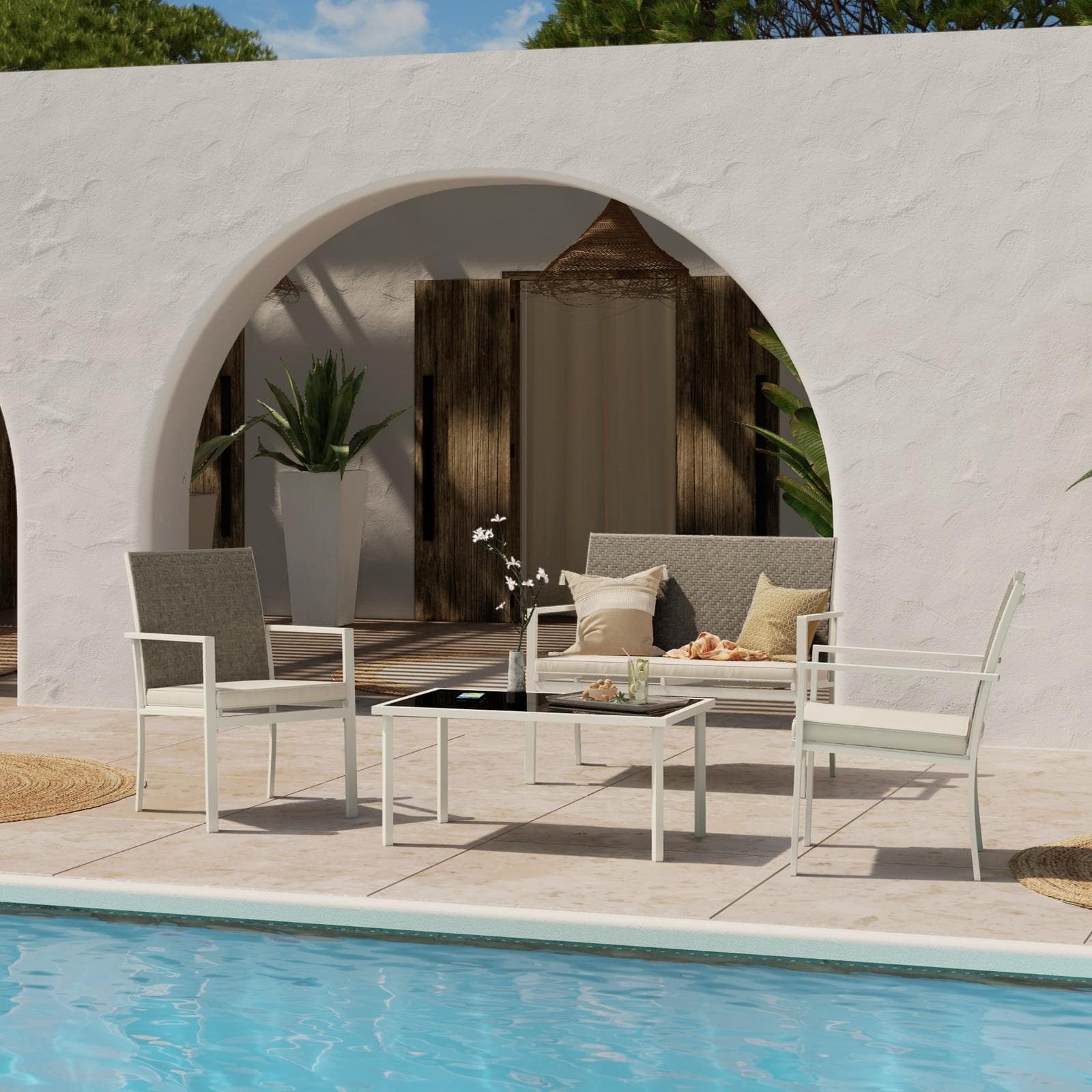 Set relax 4 posti in polyrattan caffè con tavolino e cuscini - Borakay