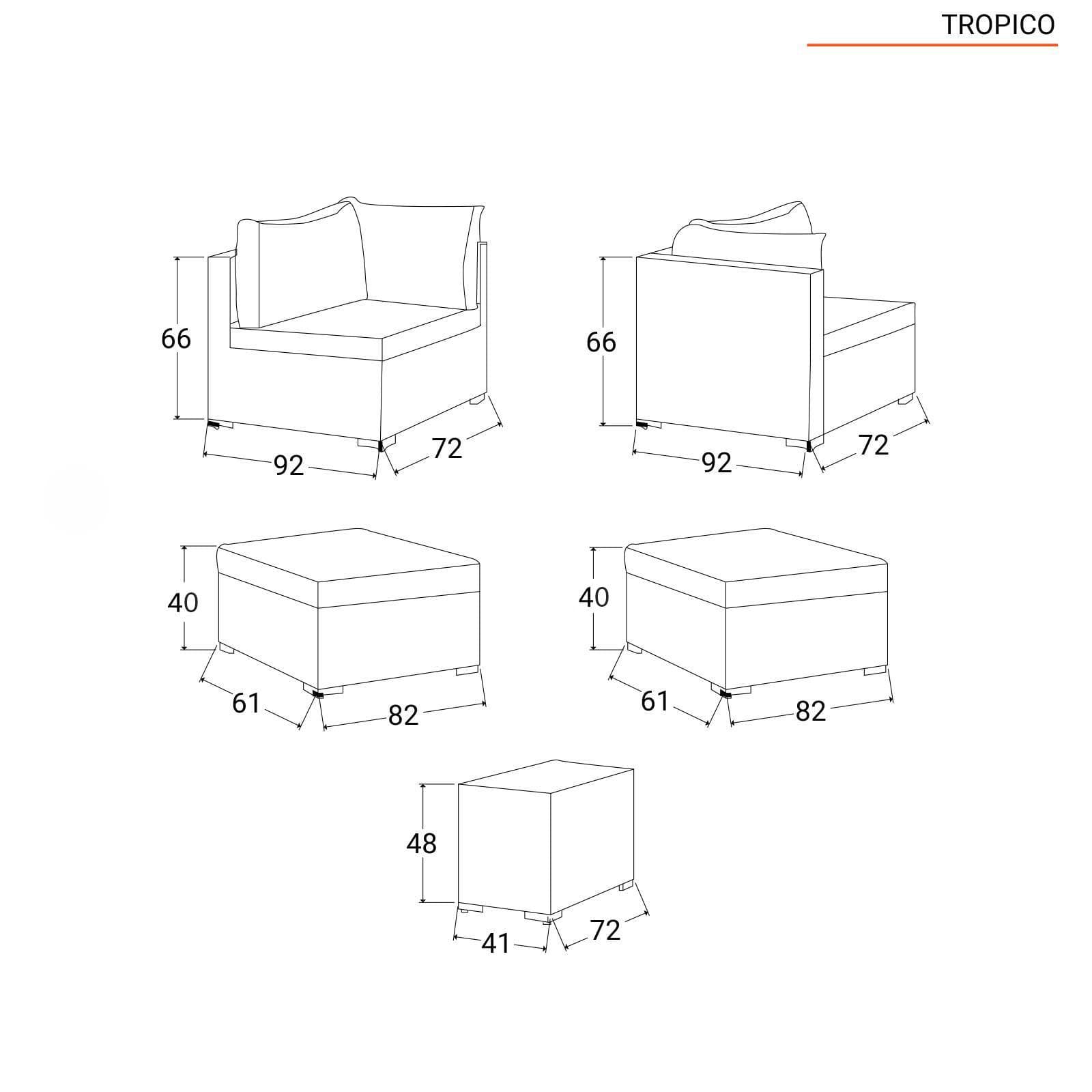 Set relax modulare divano 2 pouf e tavolino con top in vetro in polyrattan tortora - Tropico
