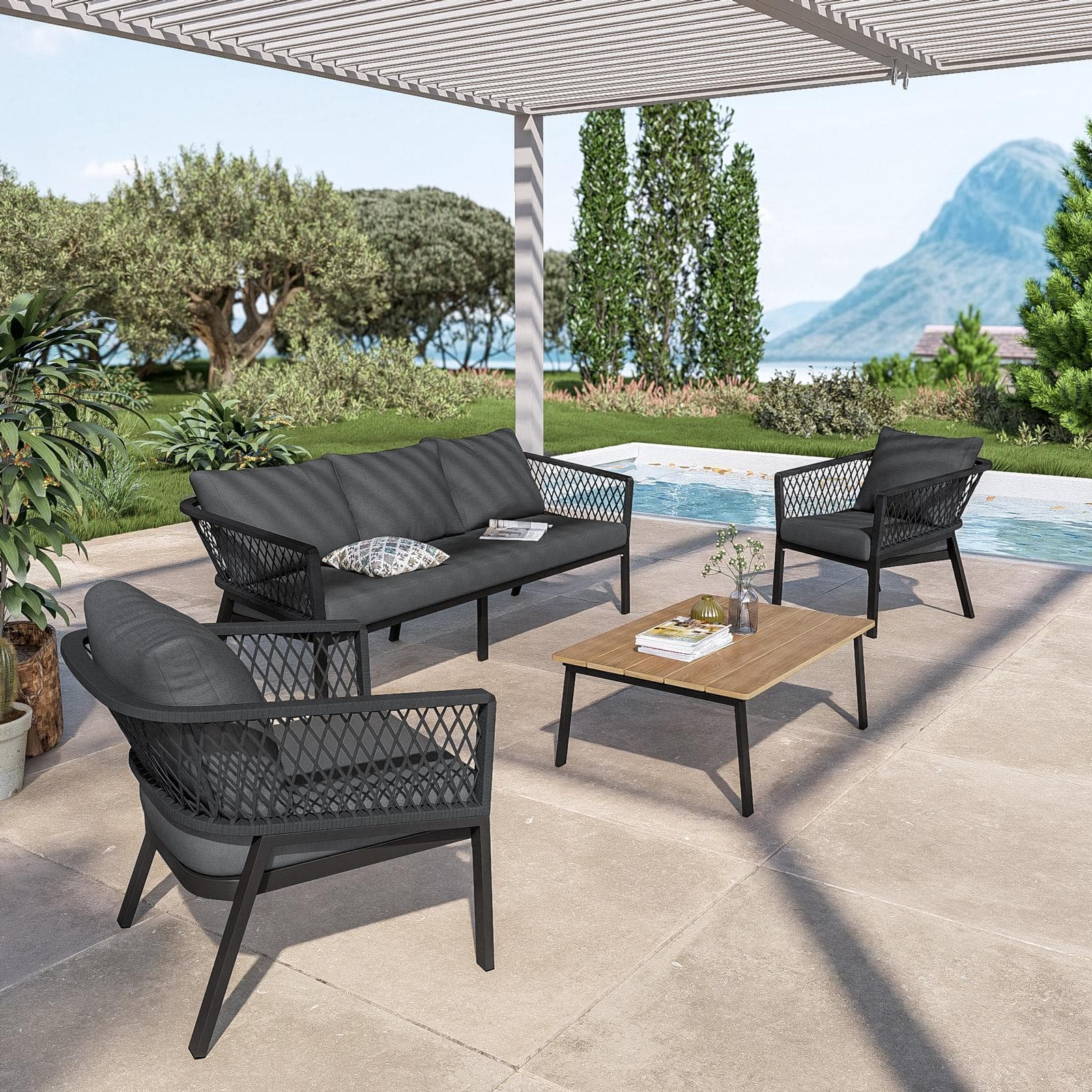 Set relax 5 posti in alluminio antracite con dettagli in corda antracite e cuscini - Clerc