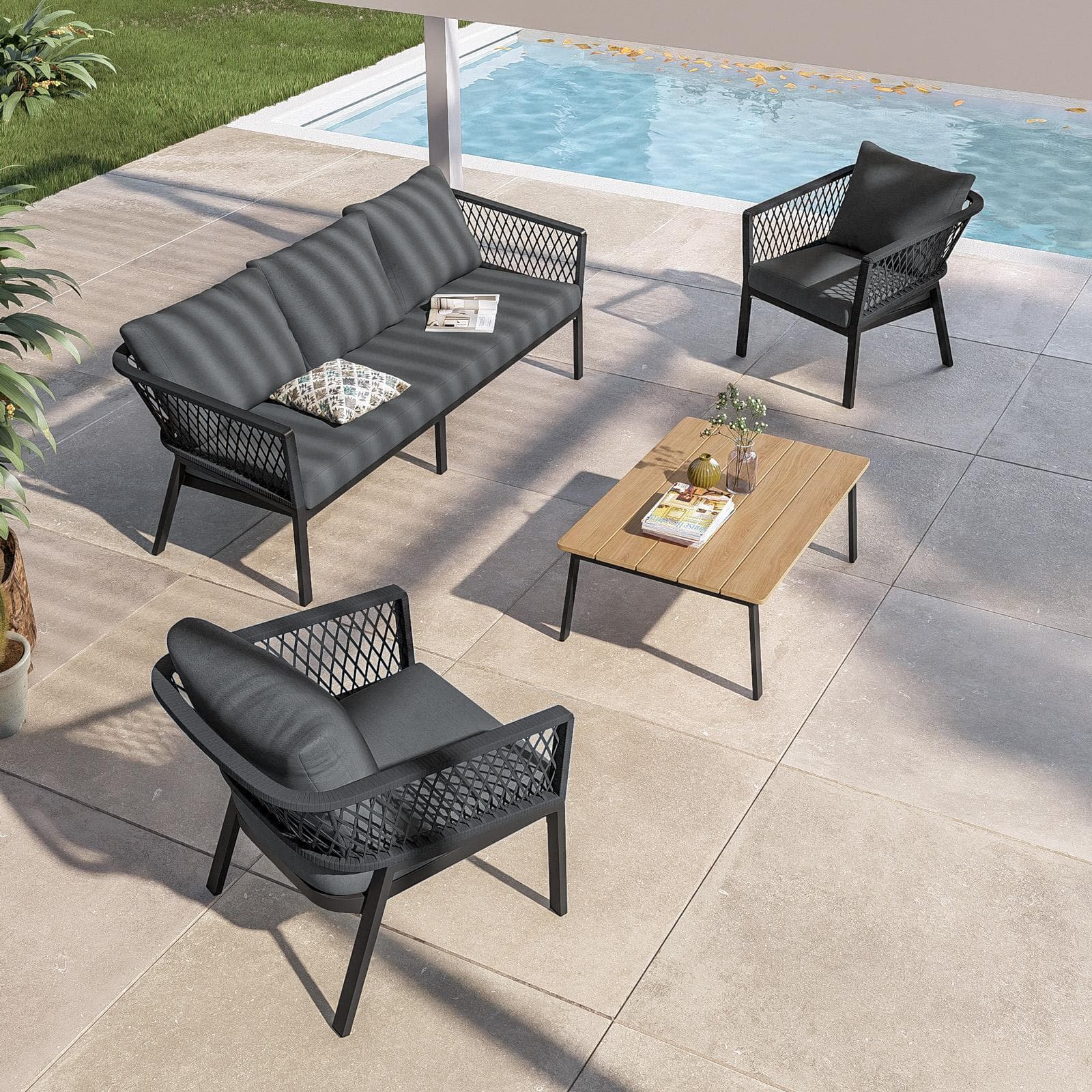 Set relax 5 posti in alluminio antracite con dettagli in corda antracite e cuscini - Clerc