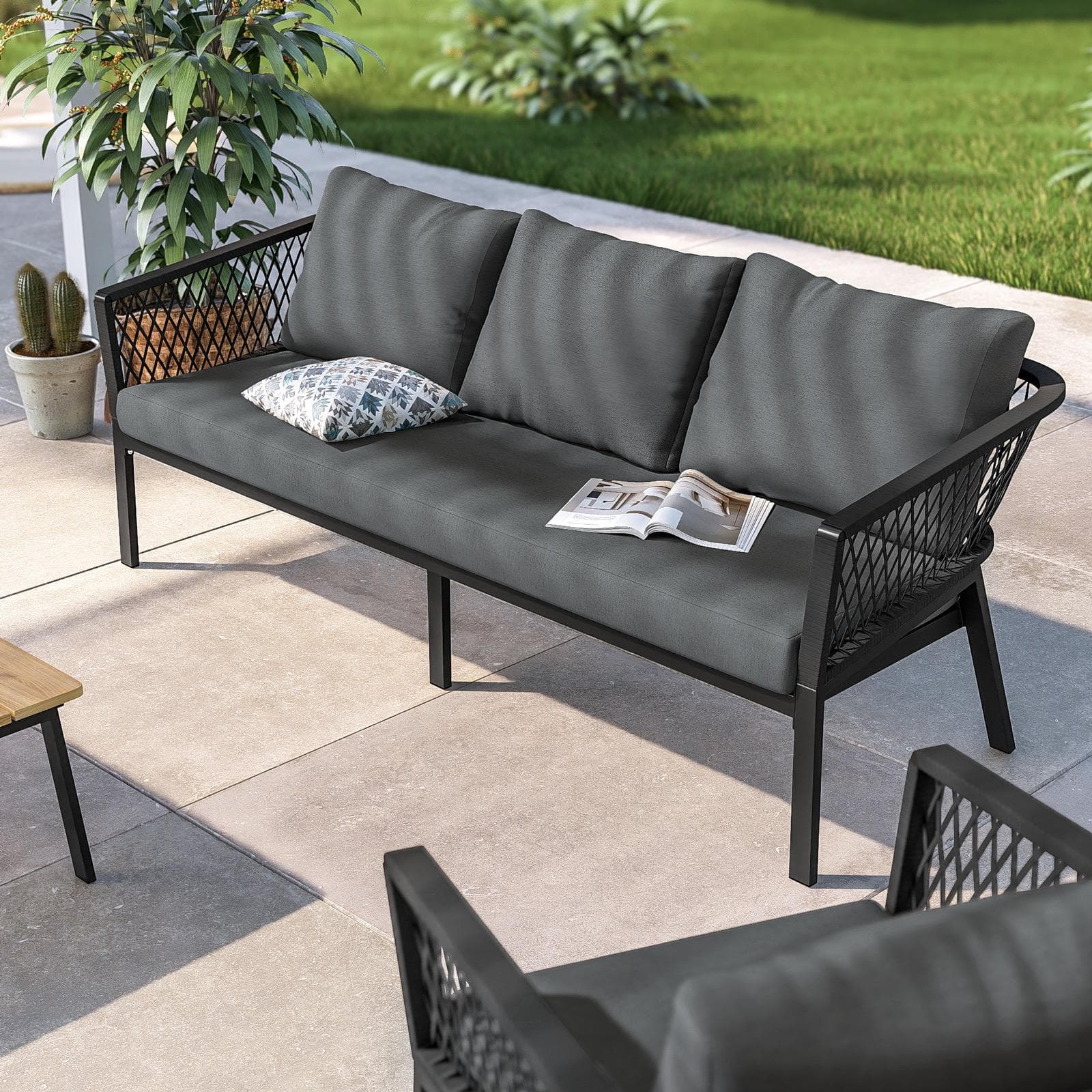 Set relax 5 posti in alluminio antracite con dettagli in corda antracite e cuscini - Clerc