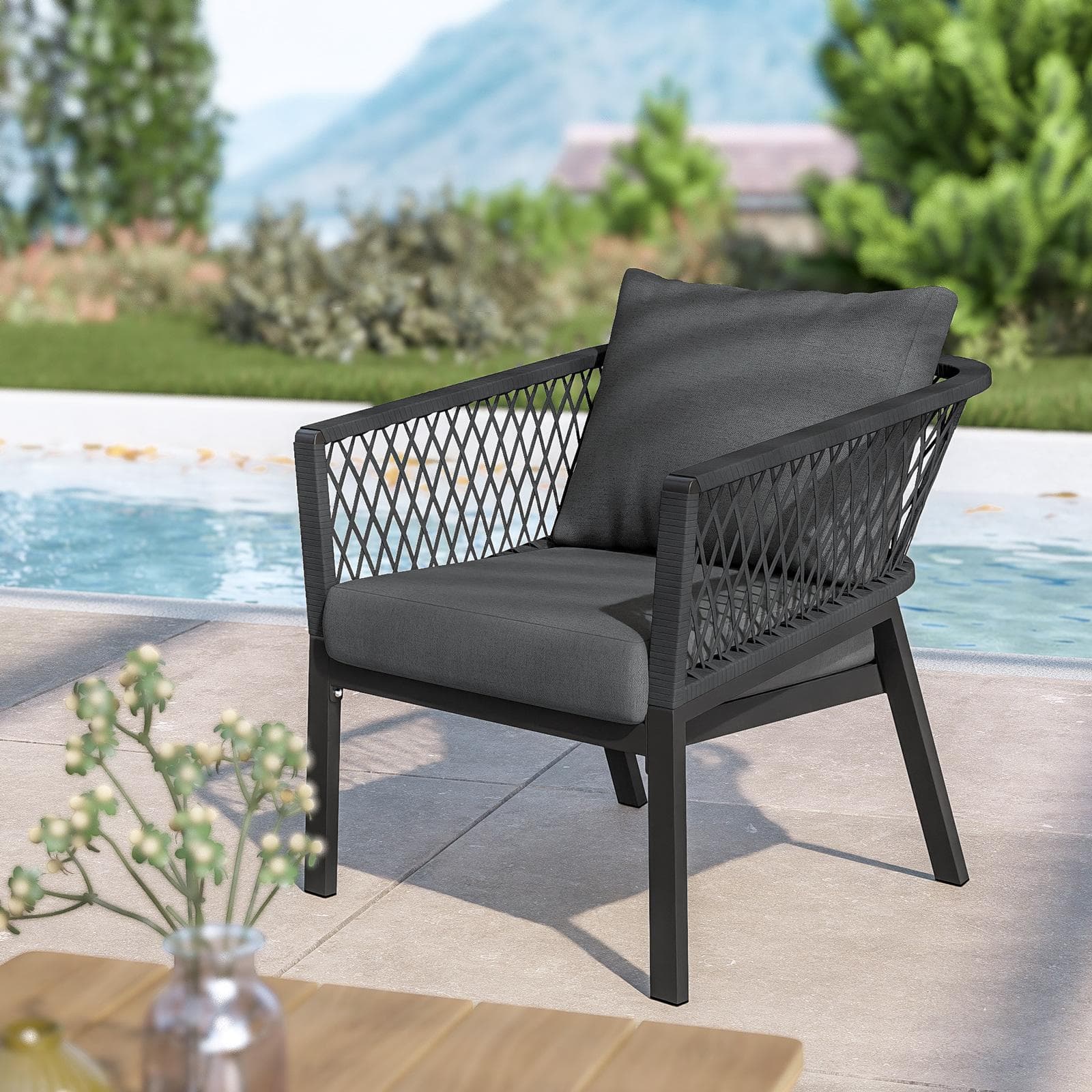 Set relax 5 posti in alluminio antracite con dettagli in corda antracite e cuscini - Clerc