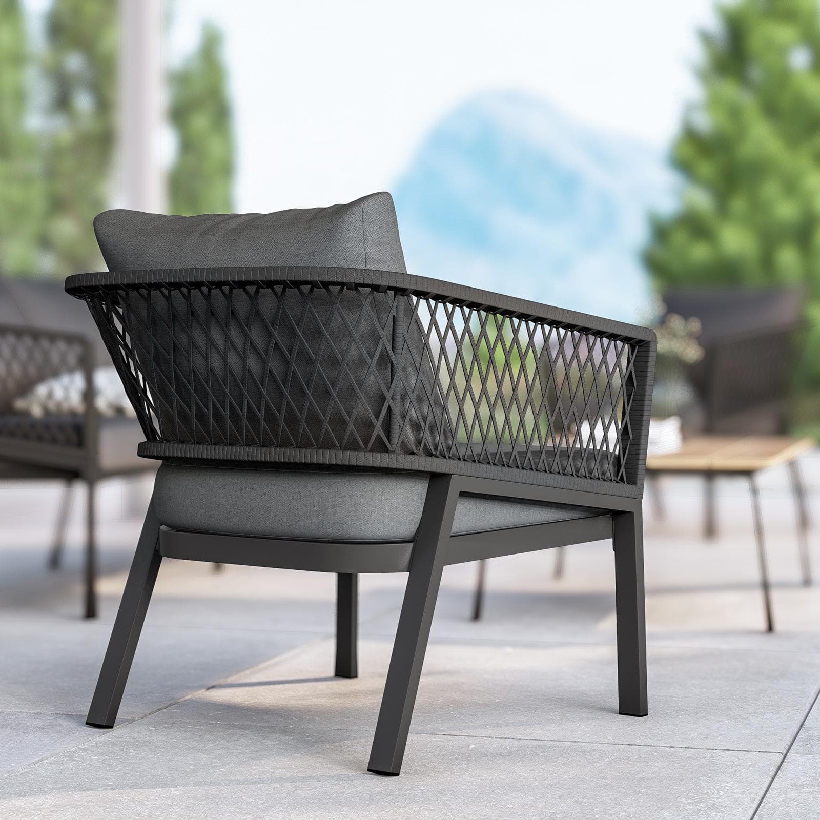 Set relax 5 posti in alluminio antracite con dettagli in corda antracite e cuscini - Clerc