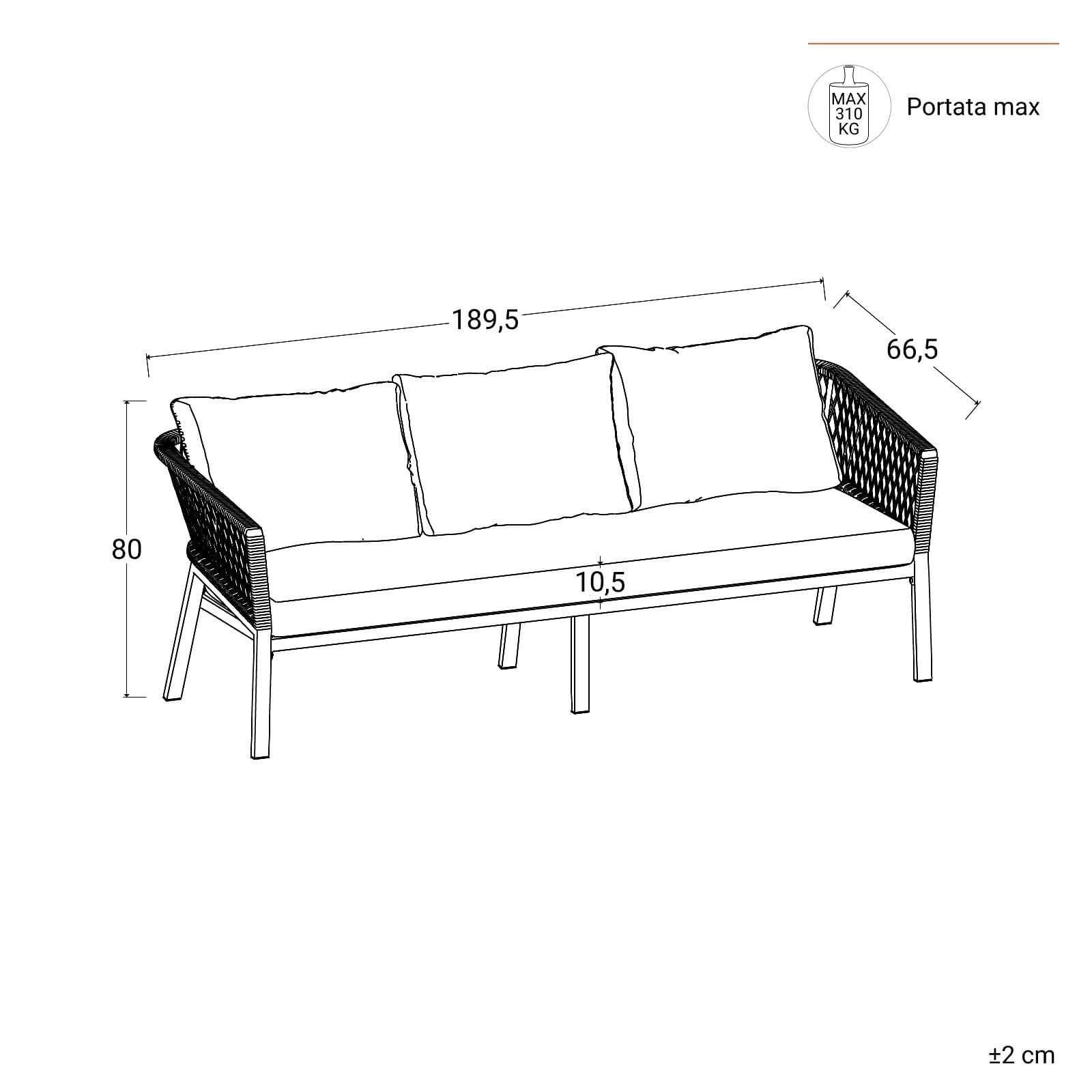 Set relax 5 posti in alluminio antracite con dettagli in corda antracite e cuscini - Clerc