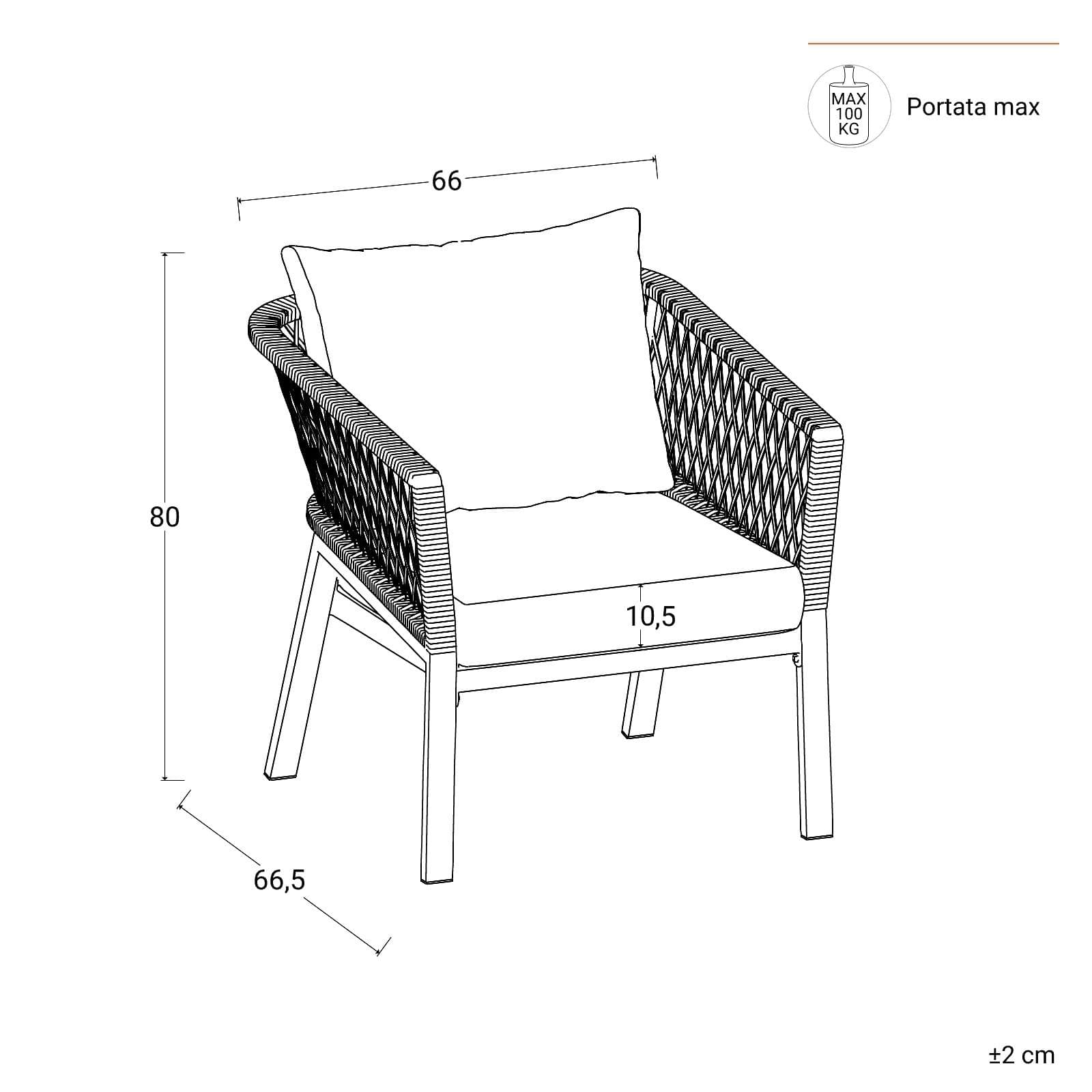 Set relax 5 posti in alluminio antracite con dettagli in corda antracite e cuscini - Clerc