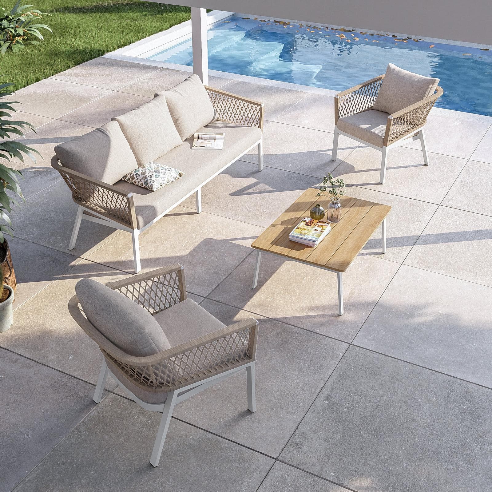 Set relax 5 posti in alluminio bianco con dettagli in corda tortora e cuscini - Clerc