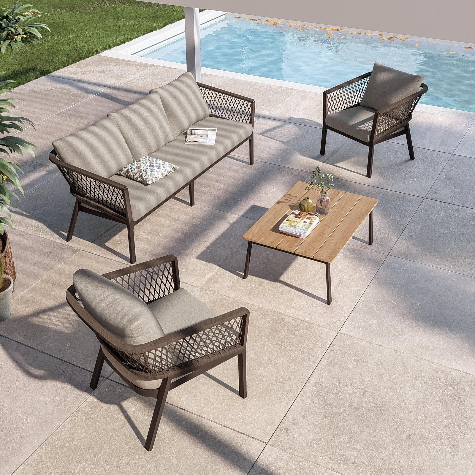 Set relax 5 posti in alluminio marrone con dettagli in corda cacao e cuscini - Clerc