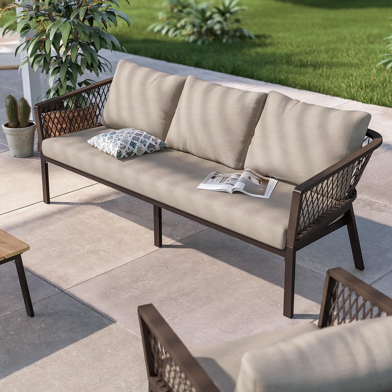 Set relax 5 posti in alluminio marrone con dettagli in corda cacao e cuscini - Clerc