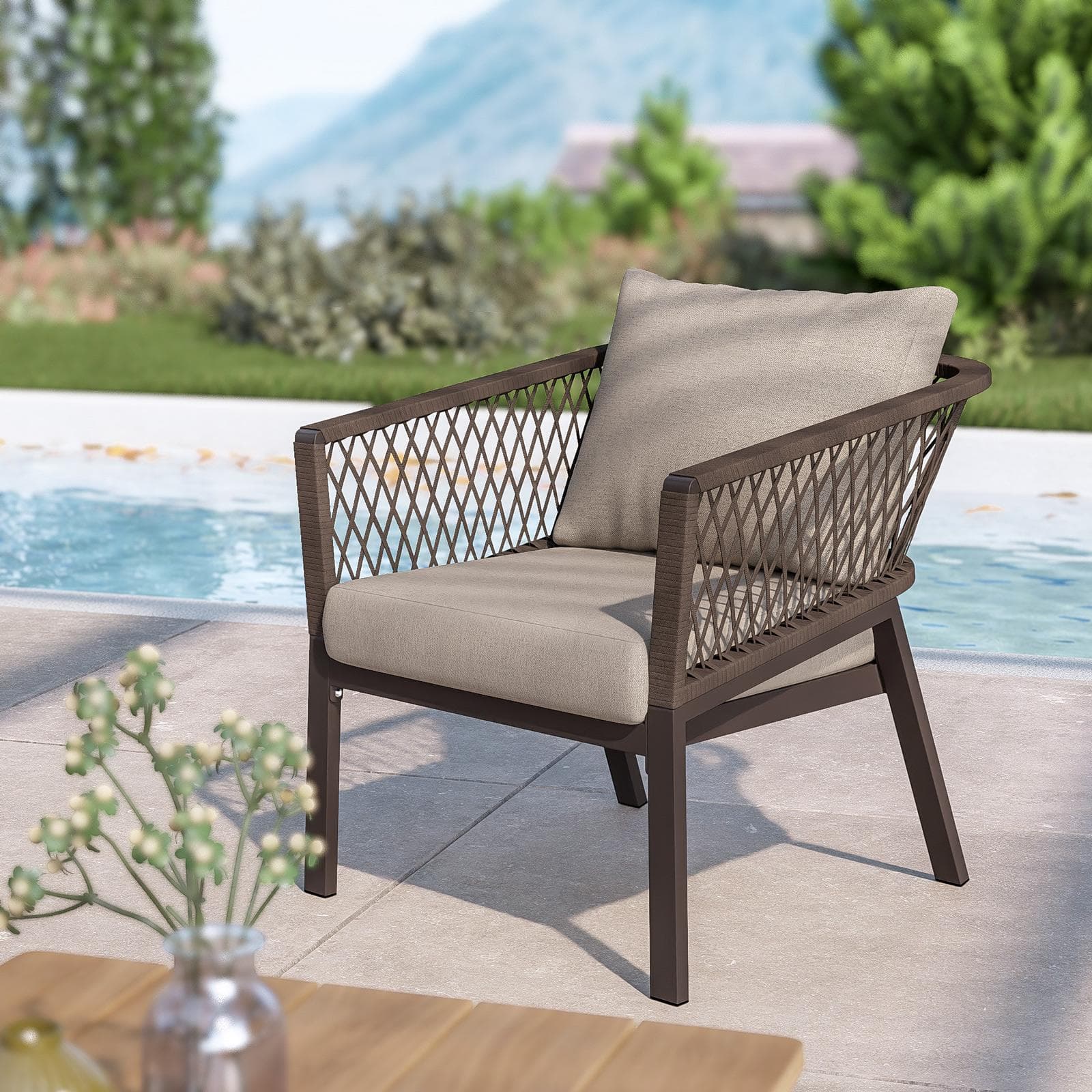Set relax 5 posti in alluminio marrone con dettagli in corda cacao e cuscini - Clerc