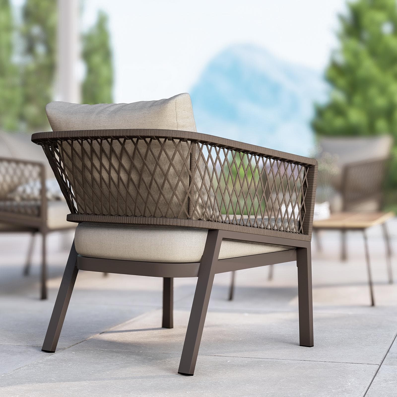 Set relax 5 posti in alluminio marrone con dettagli in corda cacao e cuscini - Clerc