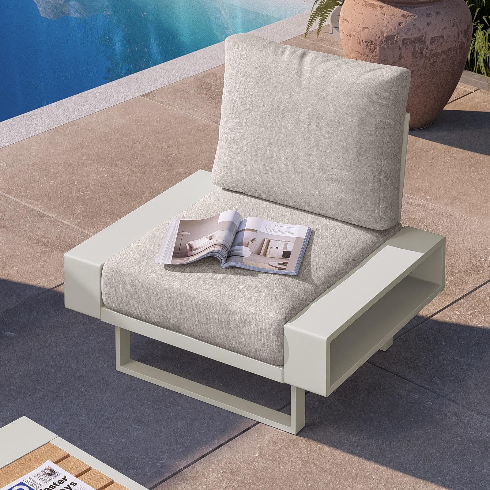 Set relax 6 posti in alluminio bianco con cuscini beige e tavolino effetto legno - Parfa