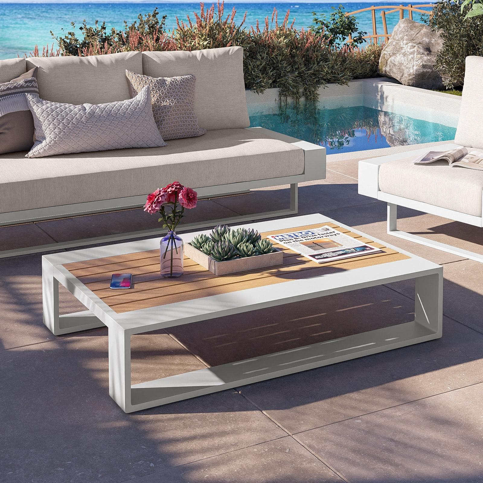 Set relax 6 posti in alluminio bianco con cuscini beige e tavolino effetto legno - Parfa