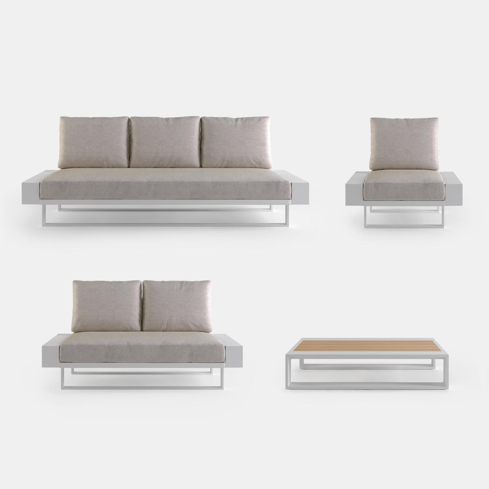 Set relax 6 posti in alluminio bianco con cuscini beige e tavolino effetto legno - Parfa