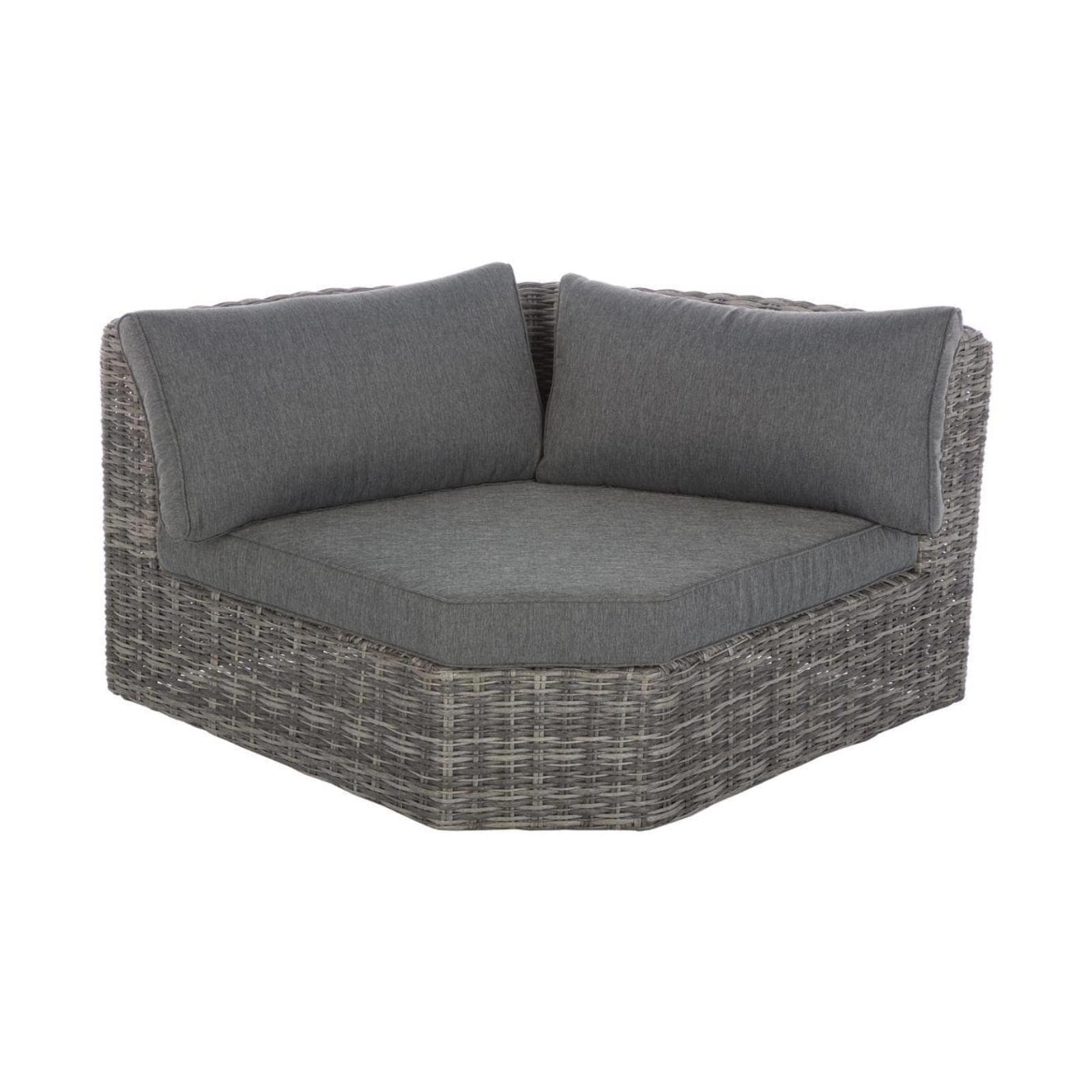 Set relax con divano angolare 5 posti e tavolino top in vetro in polyrattan grigio - Moreno