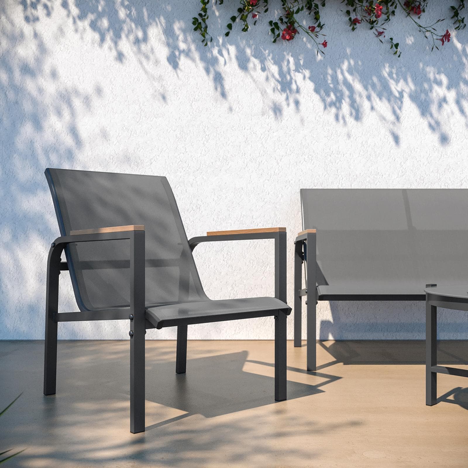Set relax 4 posti con tavolino in acciaio e textilene antracite e dettagli in polywood - Veski