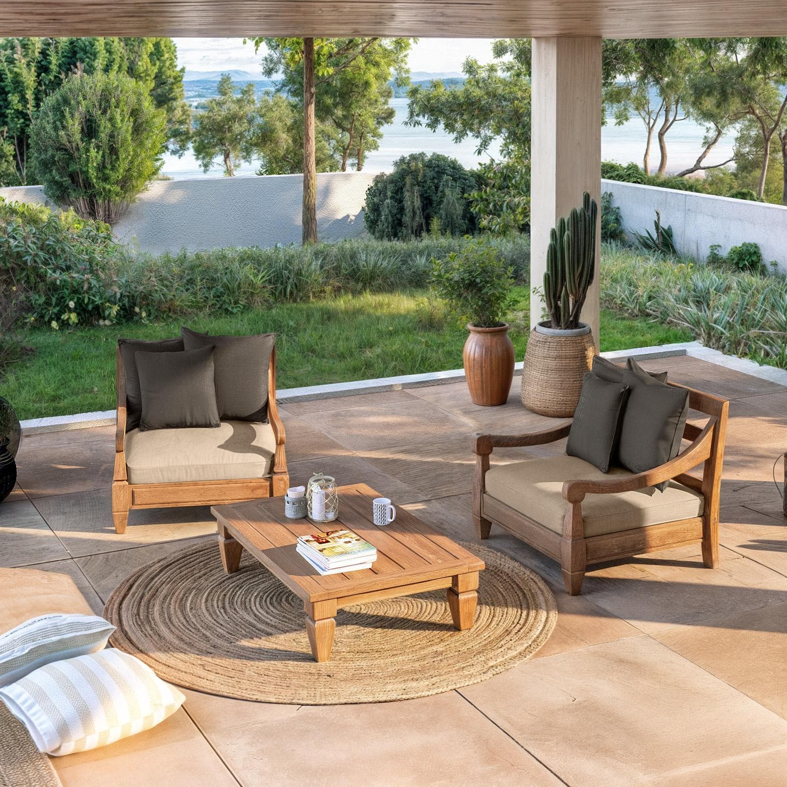 Set relax con 2 poltrone e tavolino in legno teak con cuscini grigio scuro - Iguazu