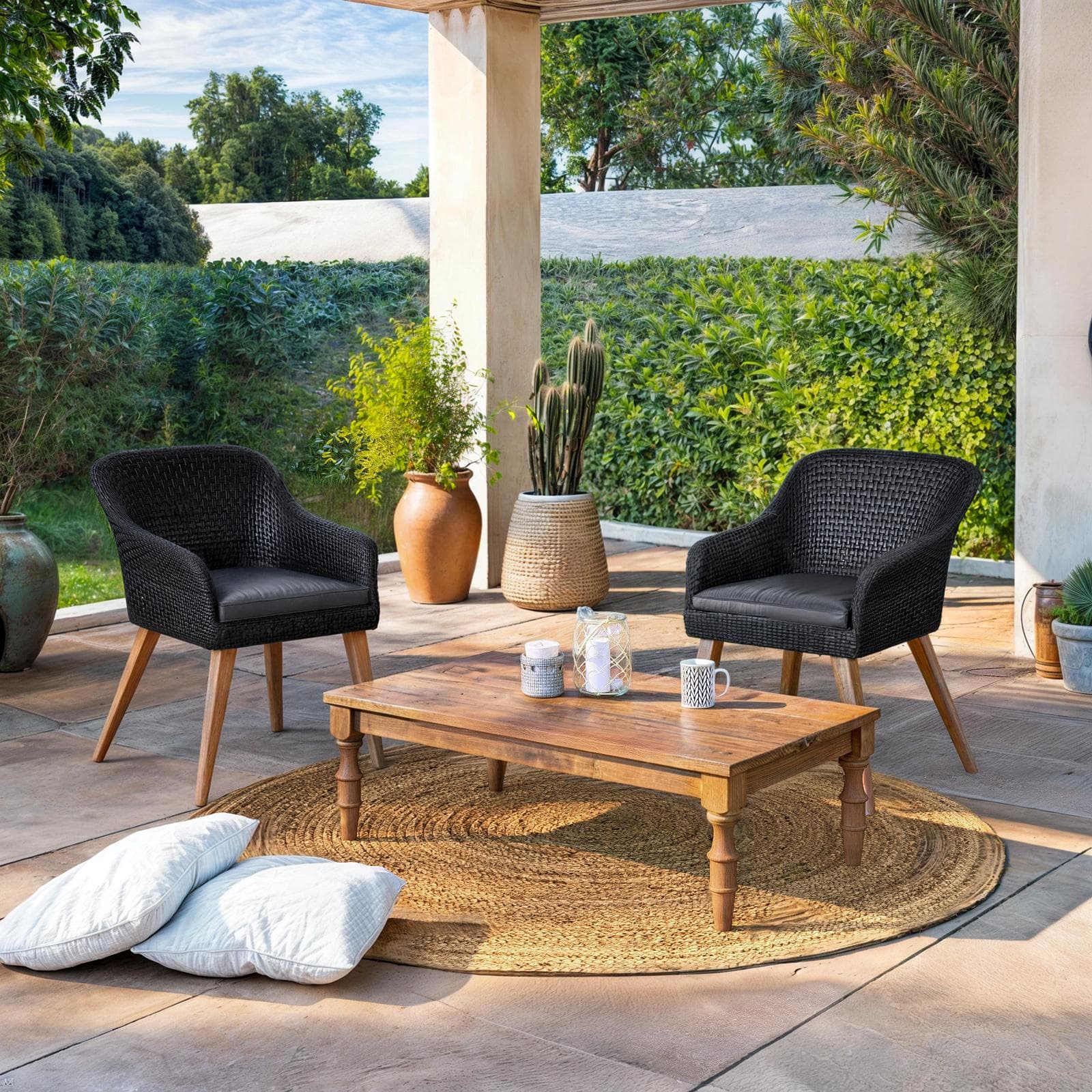 Set relax con 2 poltrone in polyrattan nero e tavolino in legno teak - Habanero