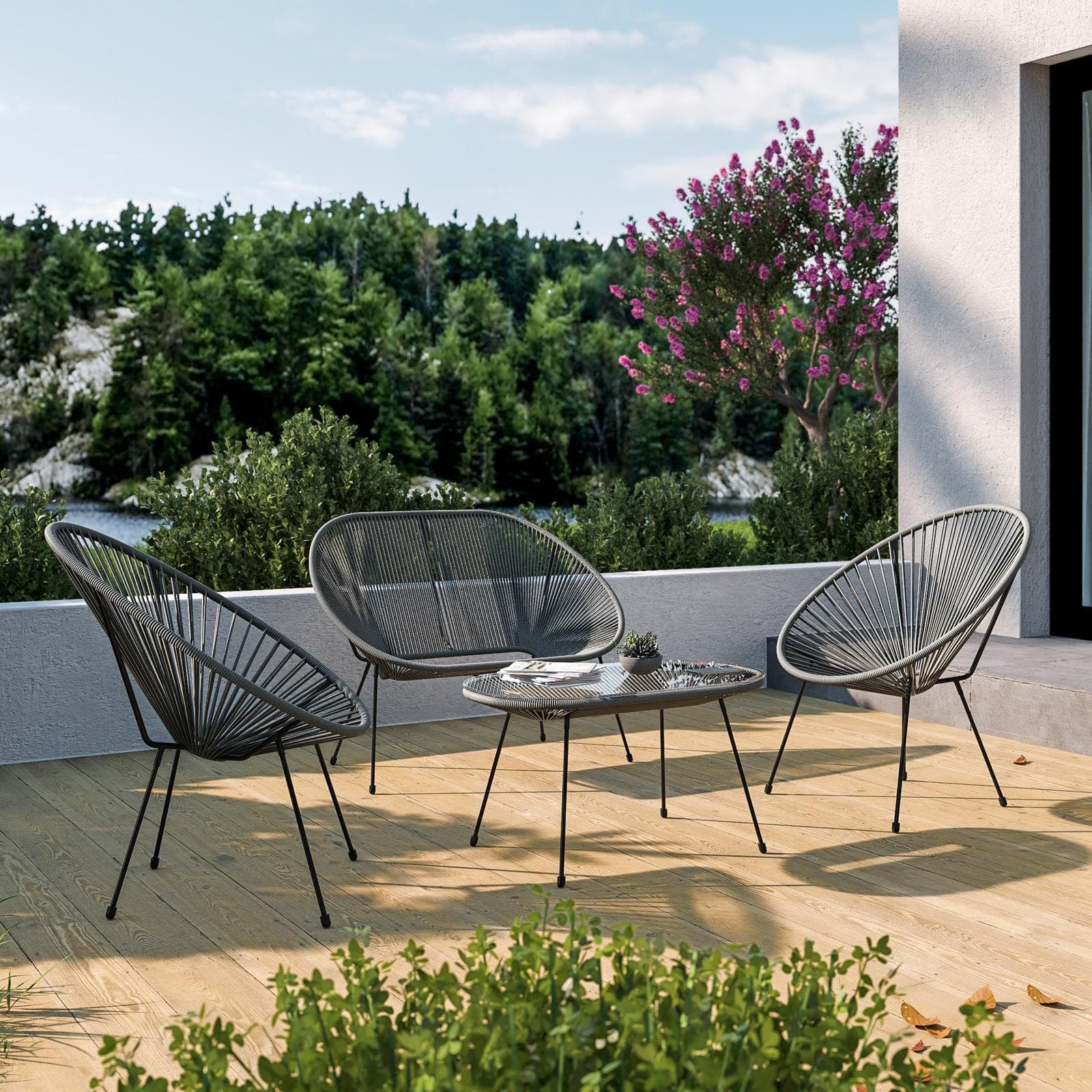 Set relax con divano 2 poltrone e tavolino 90x50 cm in metallo nero e corda grigia - Kalimba