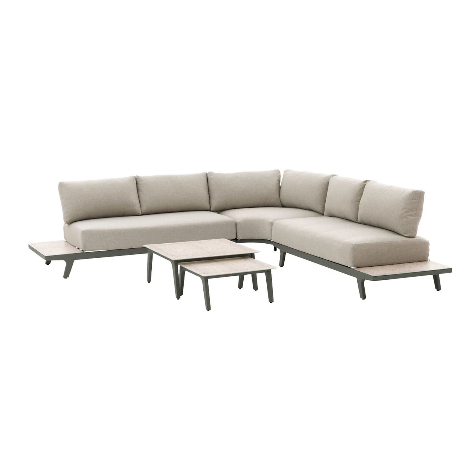 Set relax con divano angolare e 2 tavolini in alluminio verde alloro effetto marmo e cuscini - Geng