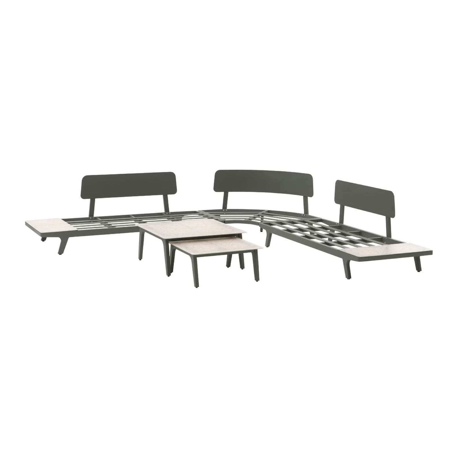 Set relax con divano angolare e 2 tavolini in alluminio verde alloro effetto marmo e cuscini - Geng
