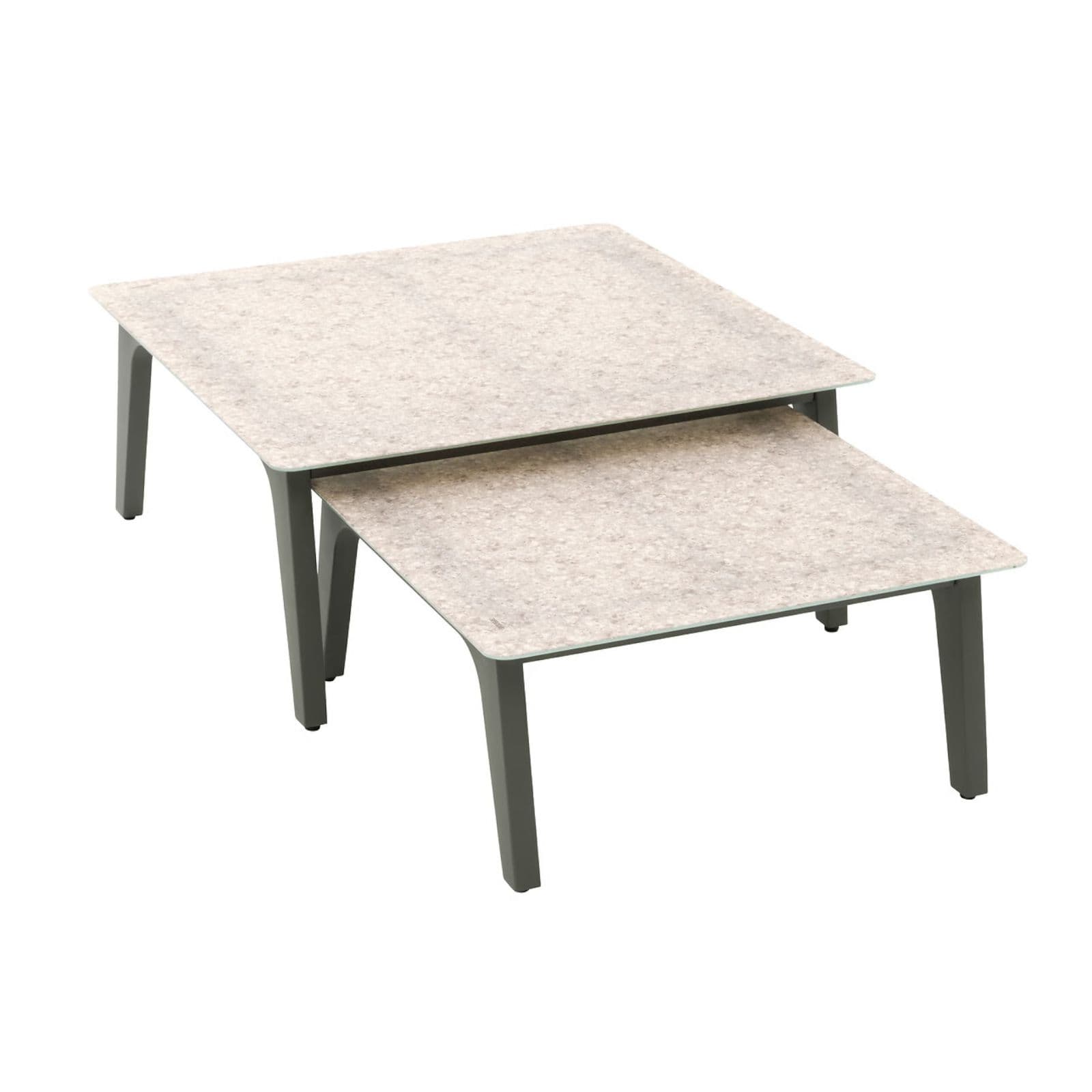 Set relax con divano angolare e 2 tavolini in alluminio verde alloro effetto marmo e cuscini - Geng