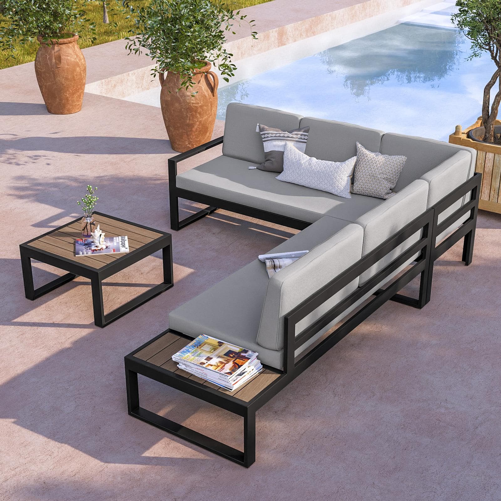 Set relax con divano angolare e tavolino in alluminio antracite con cuscini grigi - Kavos