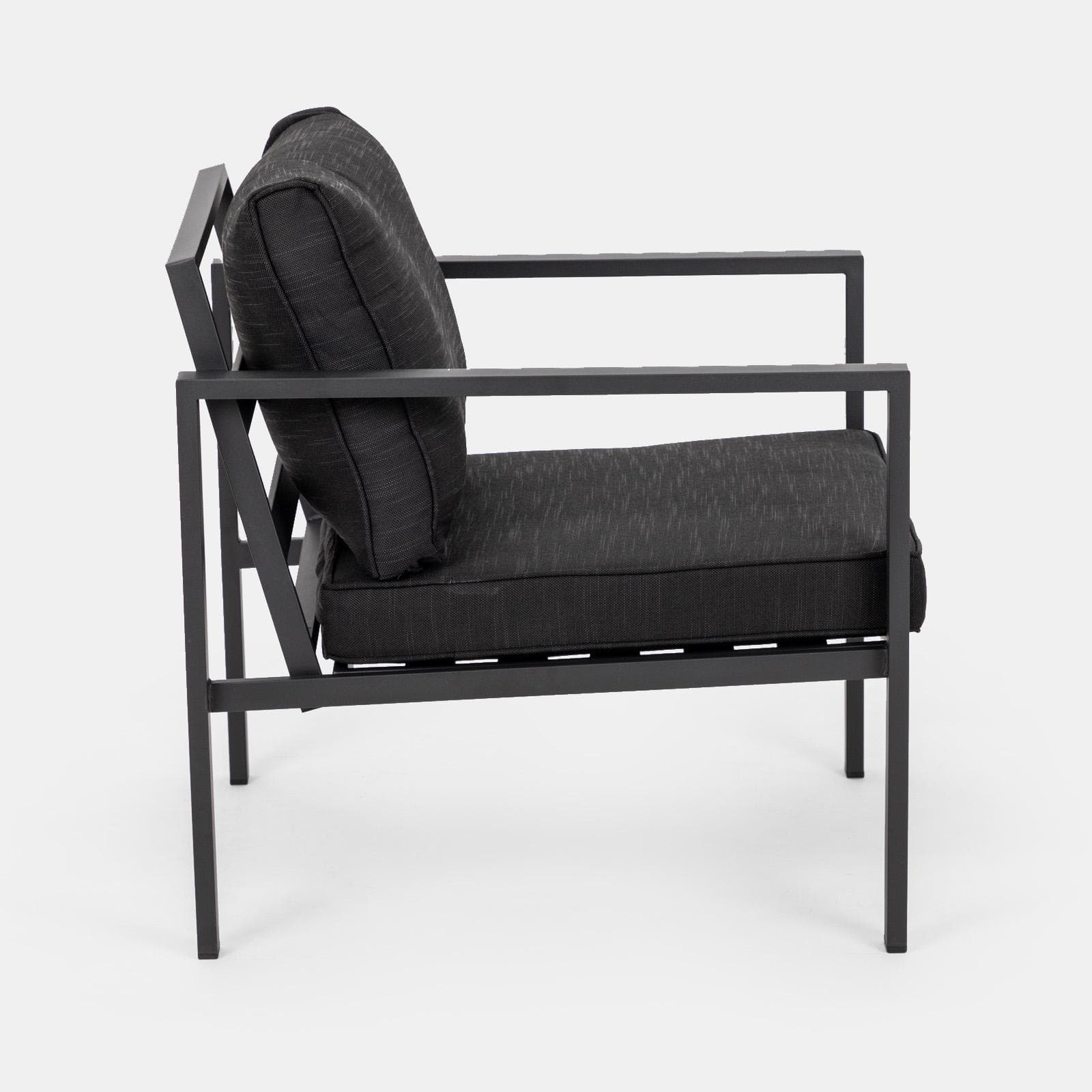 Set relax con divano due poltrone e tavolino in acciaio e cuscini nero - Evelyn
