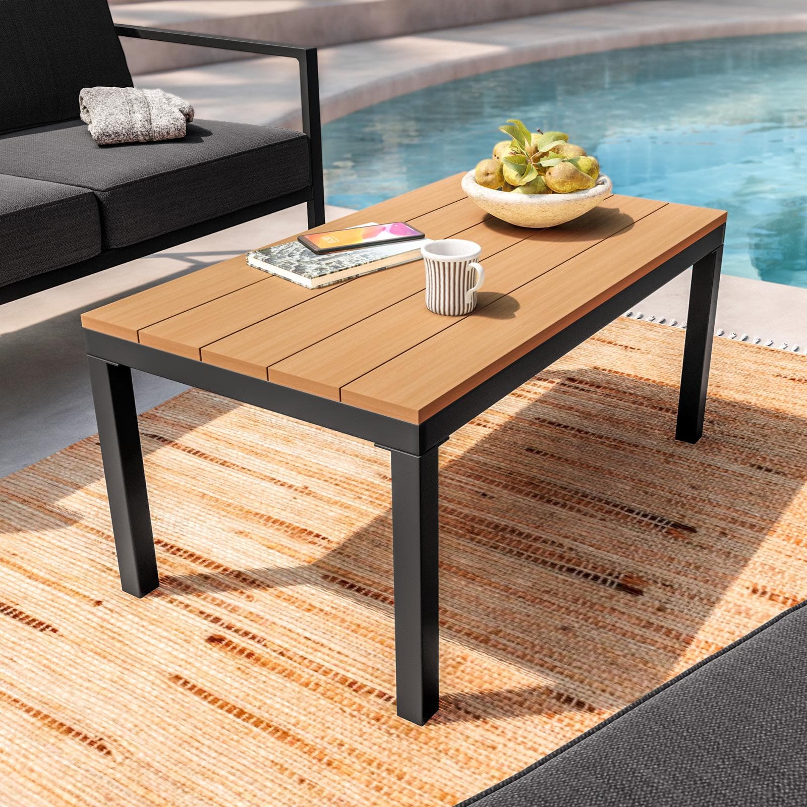 Set relax con divano due poltrone e tavolino in acciaio e cuscini nero - Evelyn