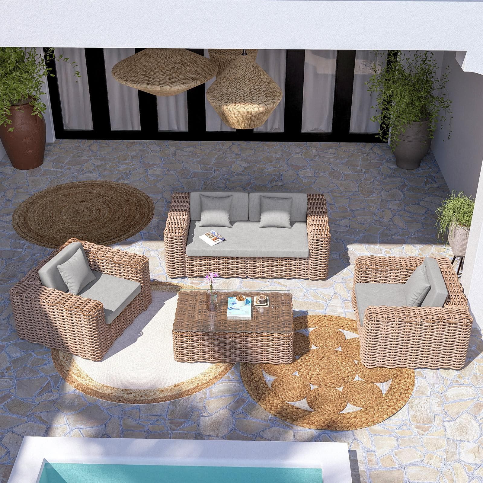 Set relax da esterno in rattan bianco con divano 2 poltrone e tavolino - Daril