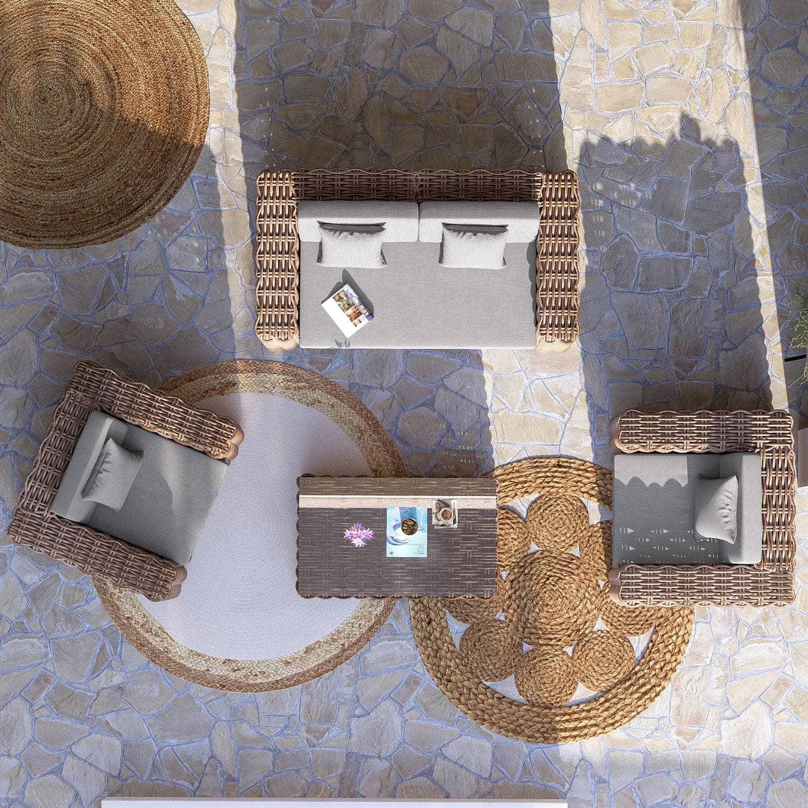 Set relax da esterno in rattan bianco con divano 2 poltrone e tavolino - Daril