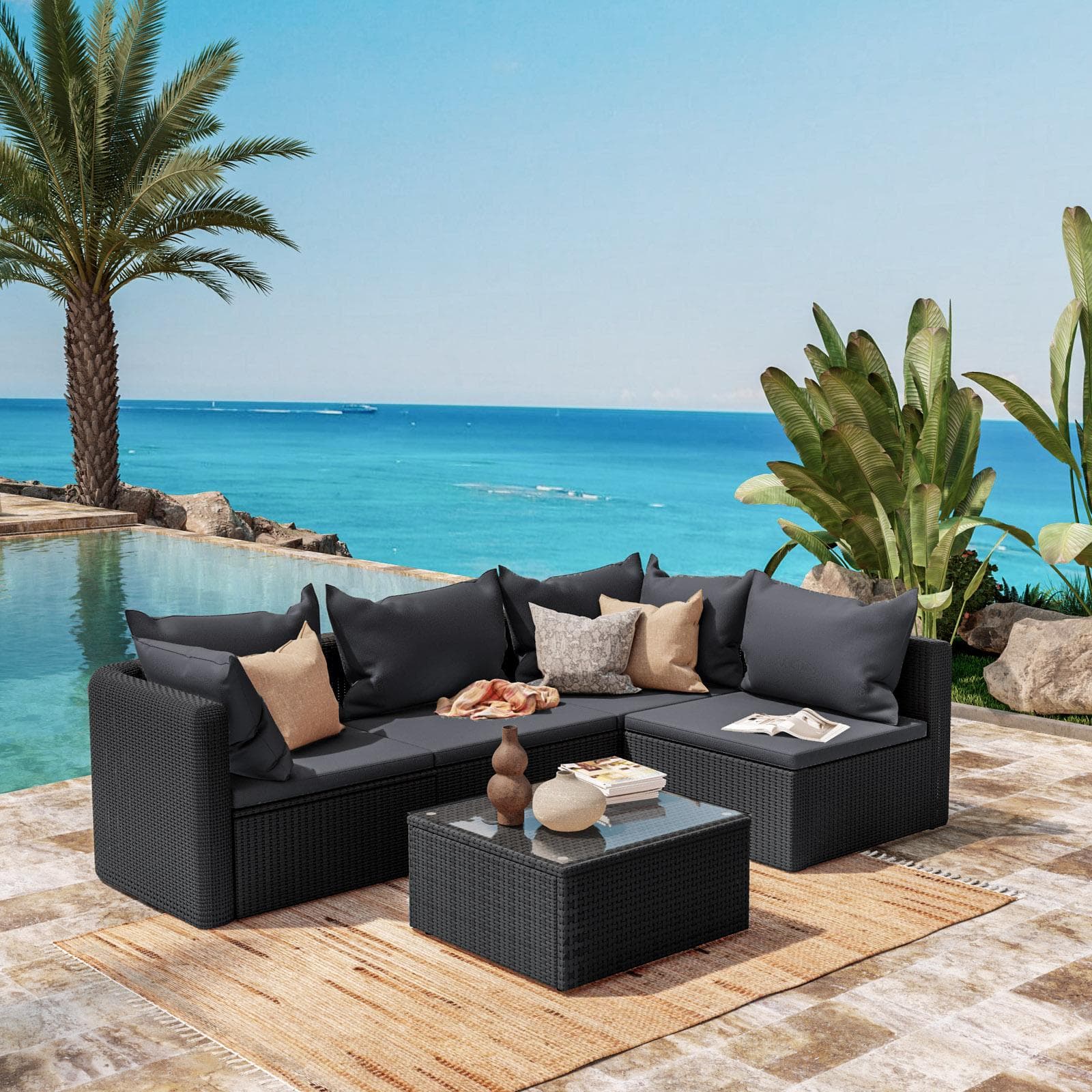 Set relax divano angolare con cuscini e tavolino da caffè in polyrattan nero - Horizon