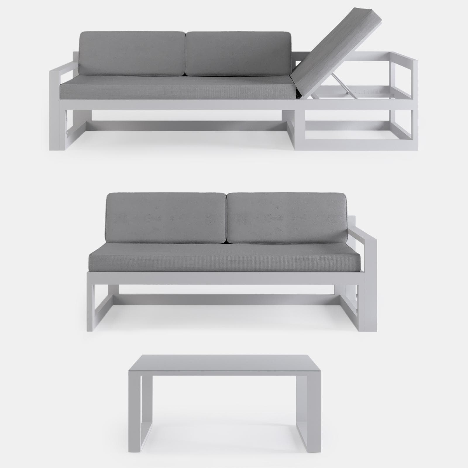 Set relax divano angolare in alluminio bianco con cuscini e tavolino - Carioca Lounge