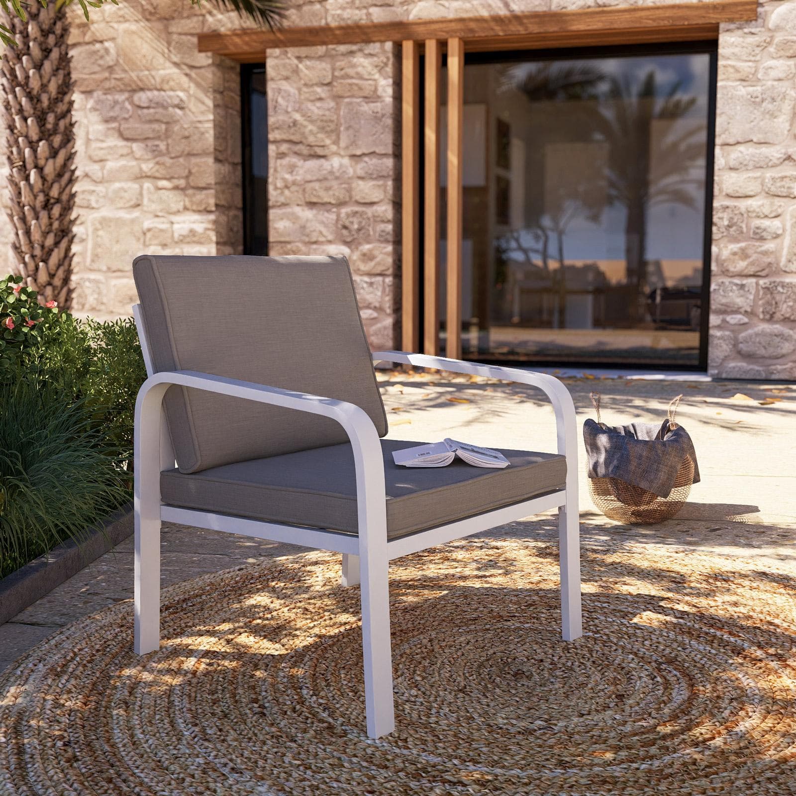 Set relax da giardino in alluminio bianco e cuscini tortora - Persico