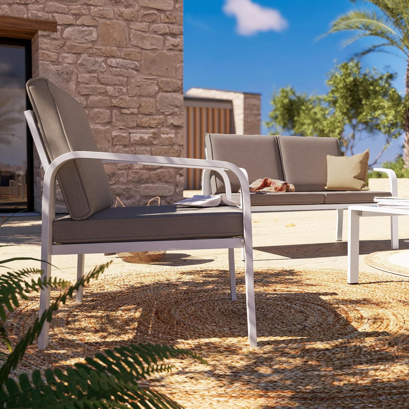 Set relax da giardino in alluminio bianco e cuscini tortora - Persico