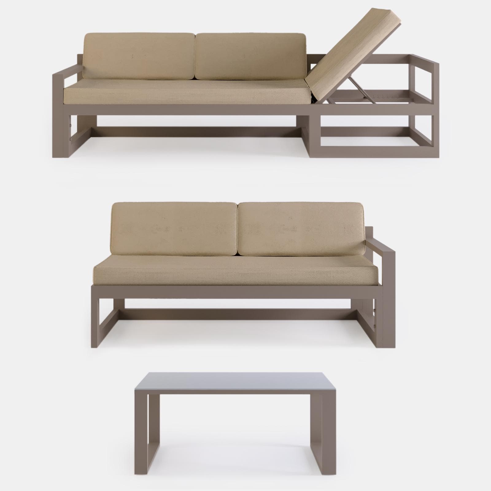 Set relax divano angolare in alluminio tortora freddo con cuscini e tavolino - Carioca Lounge