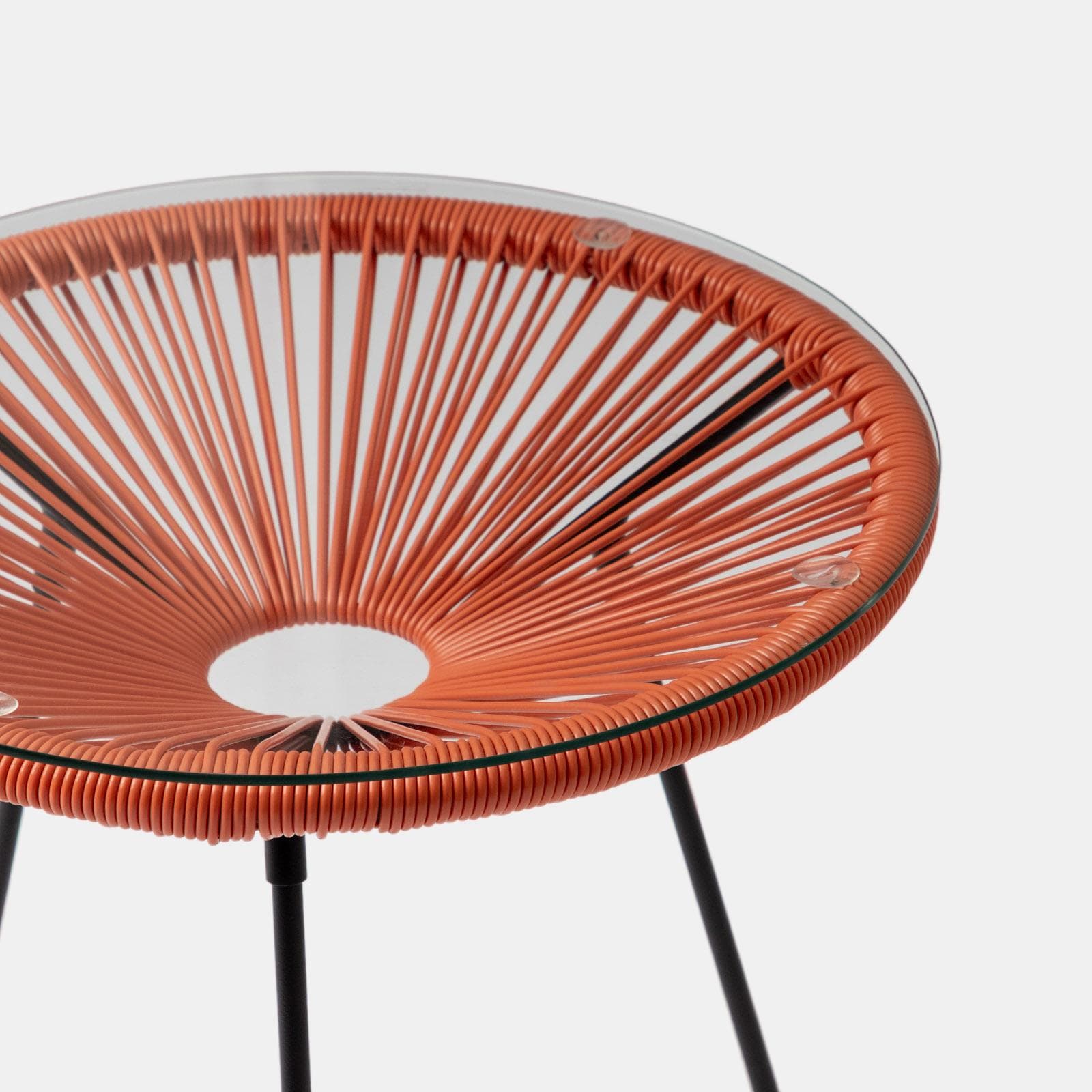 Set relax da salotto con 2 poltrone e tavolino rotondo 50 cm in acciaio e corda arancione - Kalimba
