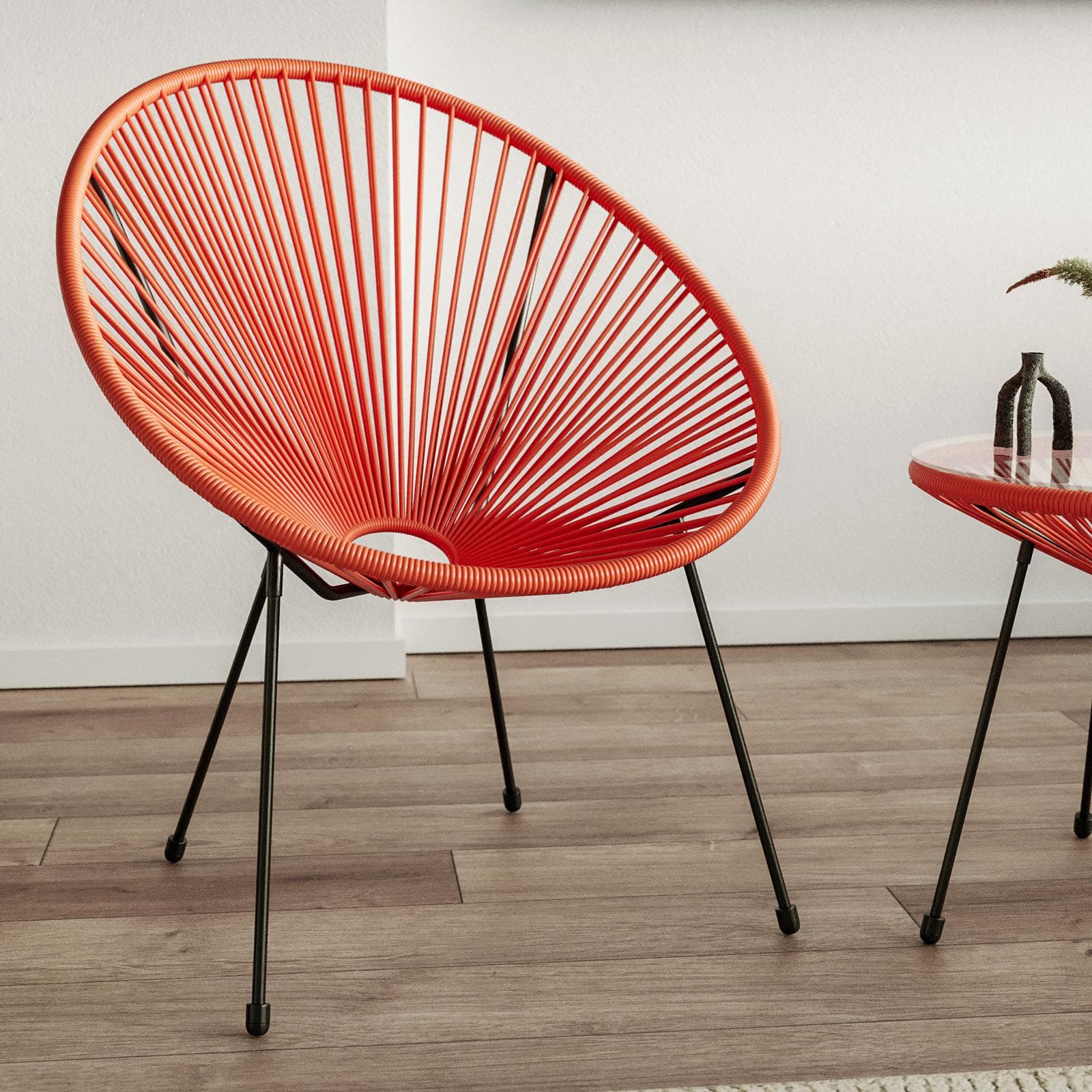 Set relax da salotto con 2 poltrone e tavolino rotondo 50 cm in acciaio e corda arancione - Kalimba