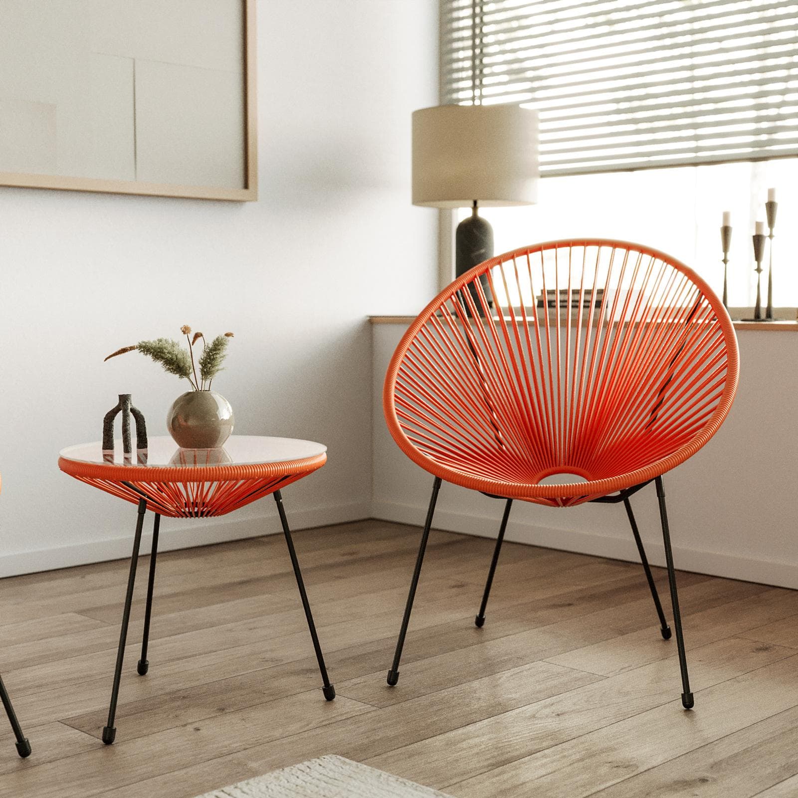 Set relax da salotto con 2 poltrone e tavolino rotondo 50 cm in acciaio e corda arancione - Kalimba