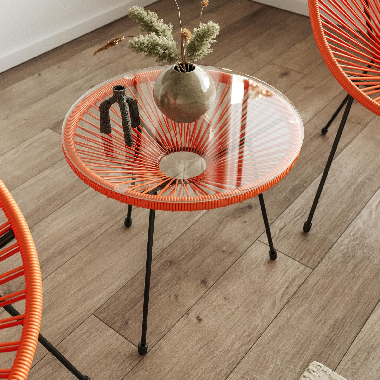 Set relax da salotto con 2 poltrone e tavolino rotondo 50 cm in acciaio e corda arancione - Kalimba