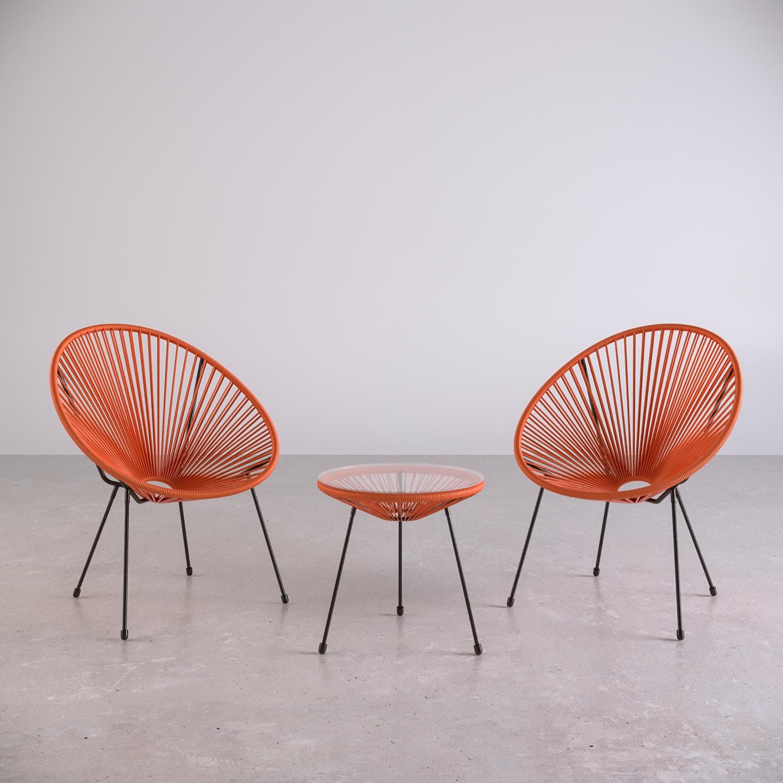 Set relax da salotto con 2 poltrone e tavolino rotondo 50 cm in acciaio e corda arancione - Kalimba