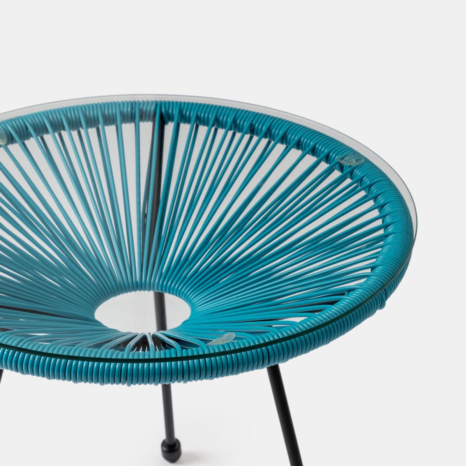 Set relax da salotto con 2 poltrone e tavolino rotondo 50 cm in acciaio e corda azzurro - Kalimba