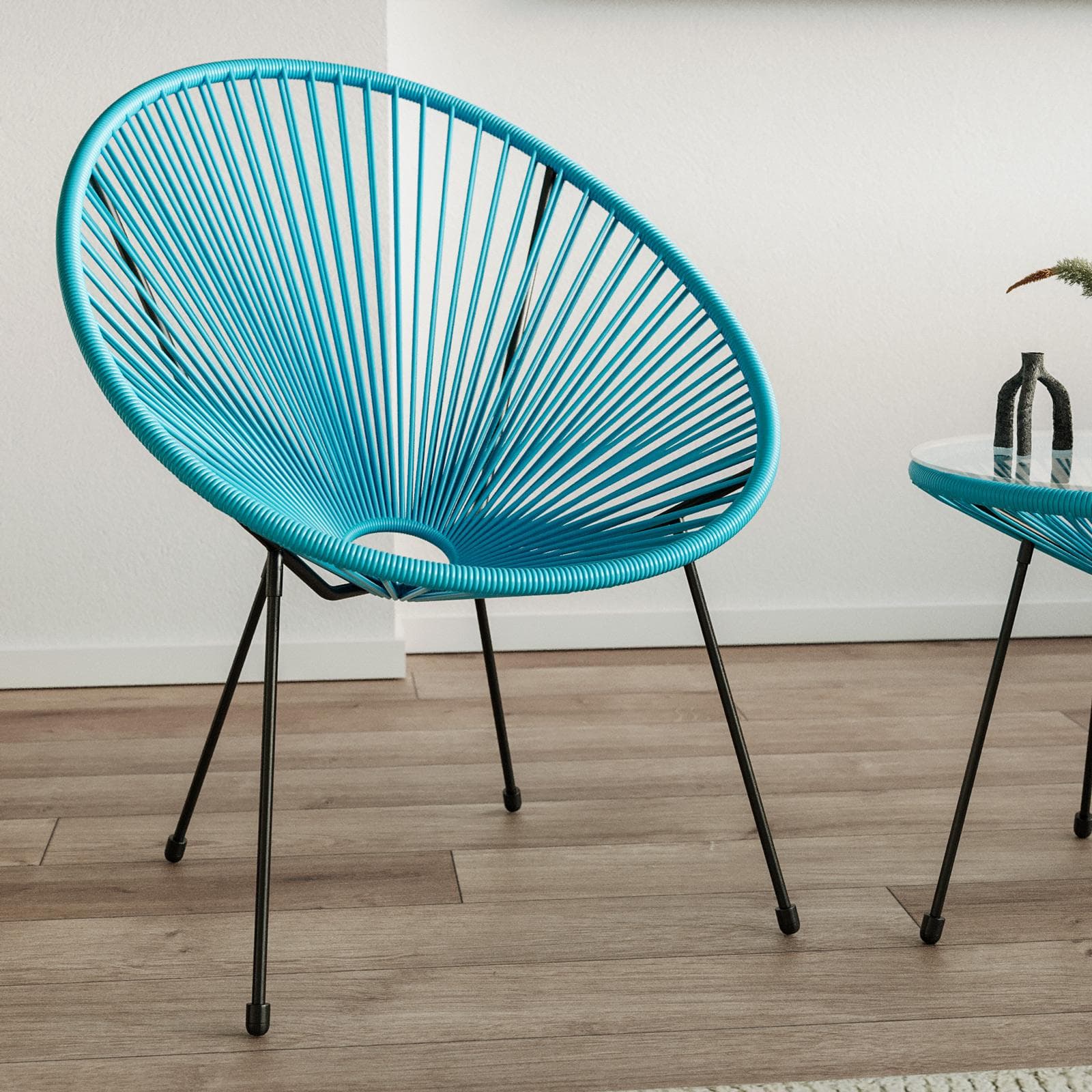 Set relax da salotto con 2 poltrone e tavolino rotondo 50 cm in acciaio e corda azzurro - Kalimba