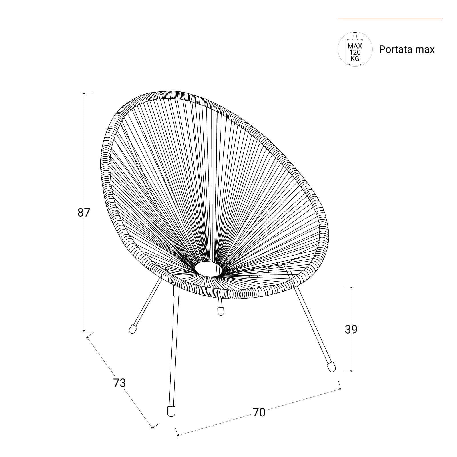 Set relax da salotto con 2 poltrone e tavolino rotondo 50 cm in acciaio e corda azzurro - Kalimba