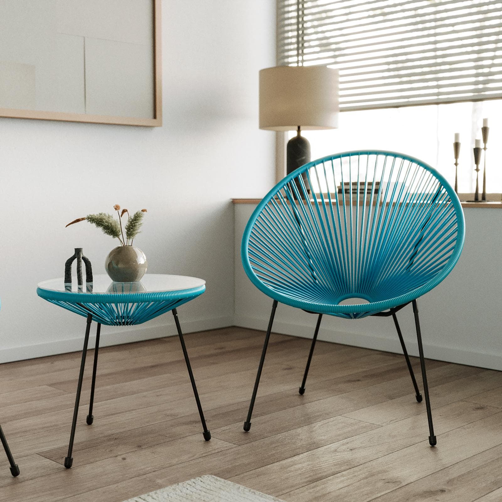 Set relax da salotto con 2 poltrone e tavolino rotondo 50 cm in acciaio e corda azzurro - Kalimba