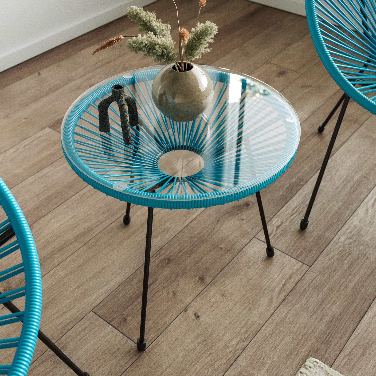 Set relax da salotto con 2 poltrone e tavolino rotondo 50 cm in acciaio e corda azzurro - Kalimba